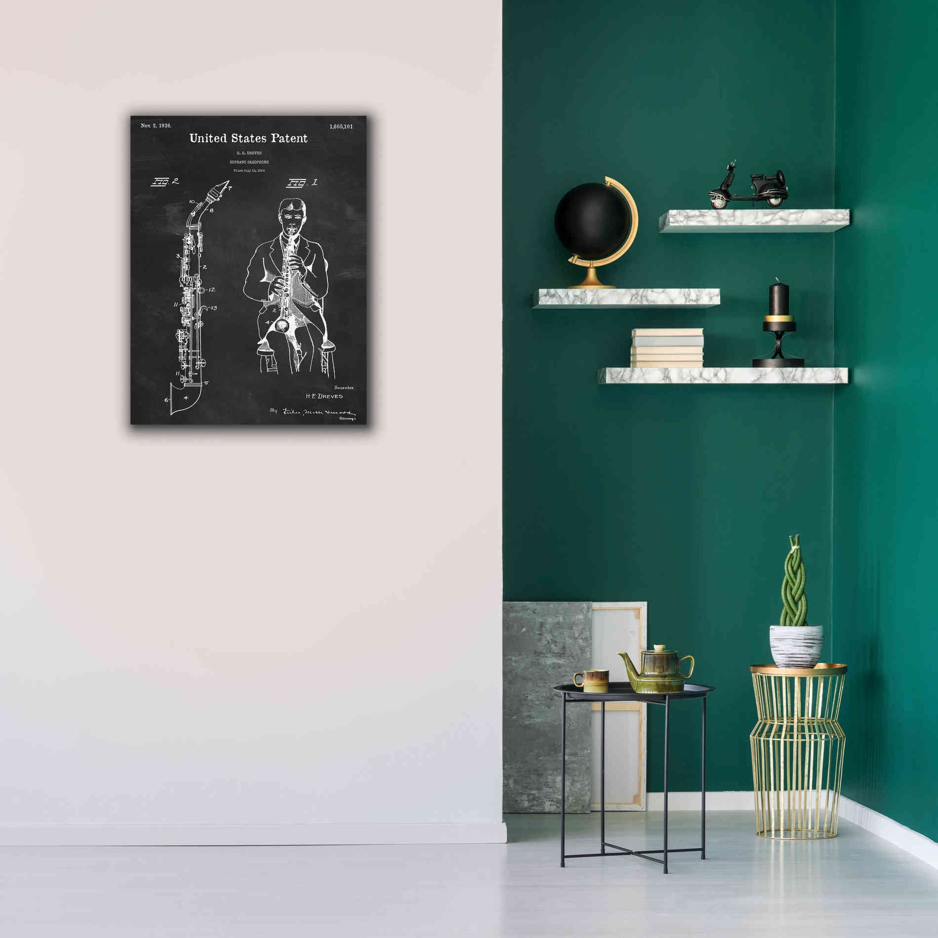 'Soprano Saxophone Blueprint Patent Chalkboard,' Canvas Wall Art,26 x 34