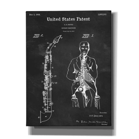 Image of 'Soprano Saxophone Blueprint Patent Chalkboard,' Canvas Wall Art,12x16x1.1x0,18x26x1.1x0,26x34x1.74x0,40x54x1.74x0
