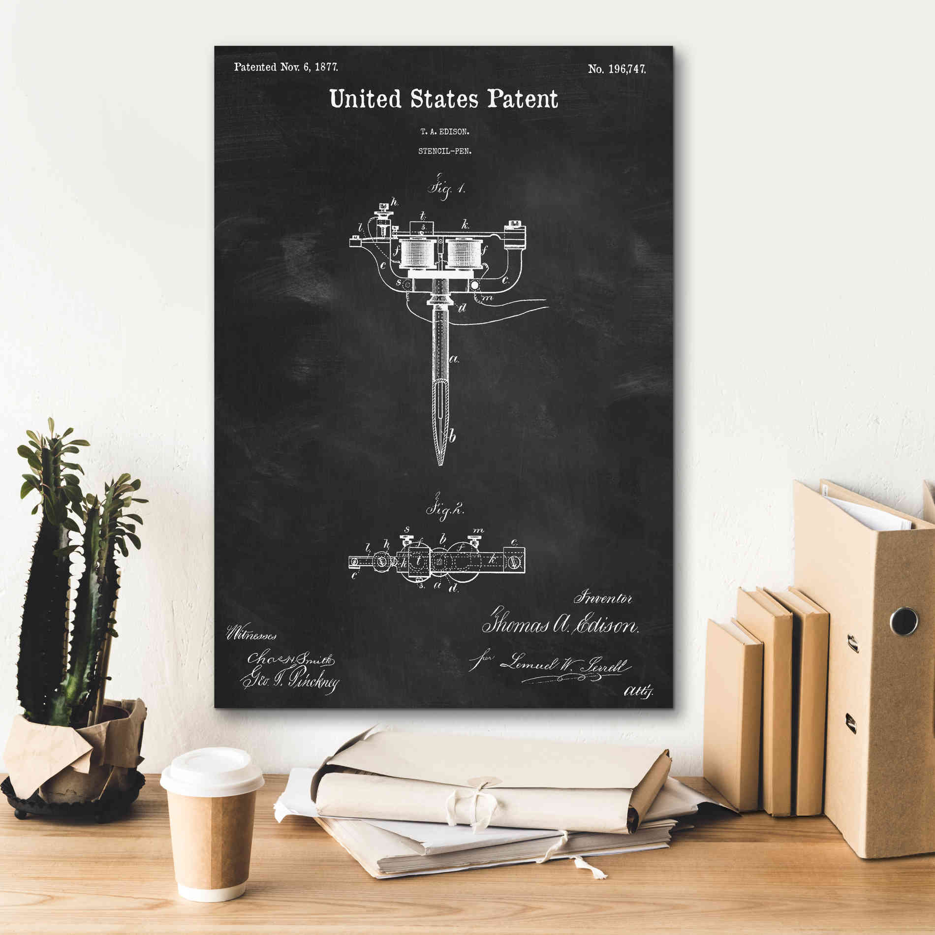 'Tattoo Stencil Pen Blueprint Patent Chalkboard,' Canvas Wall Art,18 x 26