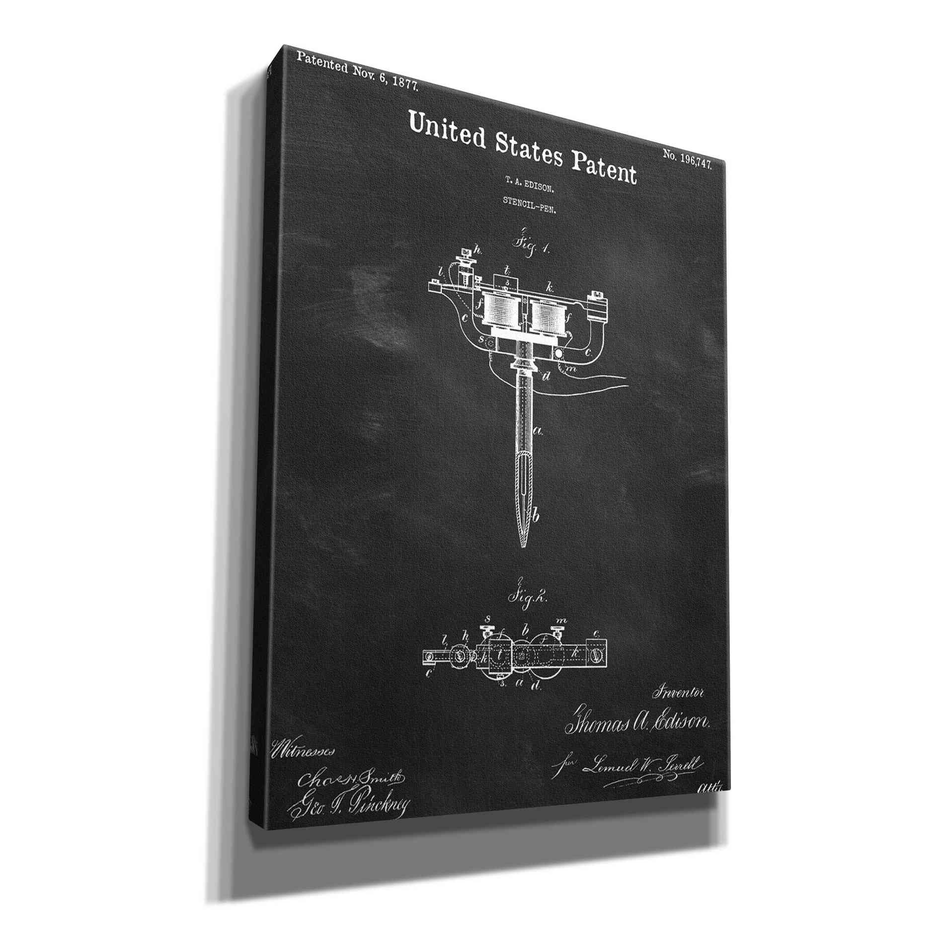 'Tattoo Stencil Pen Blueprint Patent Chalkboard,' Canvas Wall Art,12x16x1.1x0,18x26x1.1x0,26x34x1.74x0,40x54x1.74x0