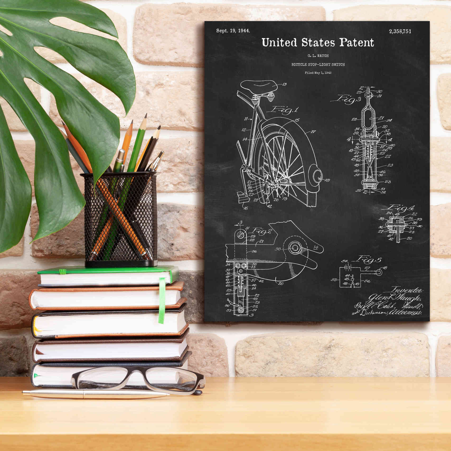 'Bicycle Stop-light Switch Blueprint Patent Chalkboard,' Canvas Wall Art,12 x 16