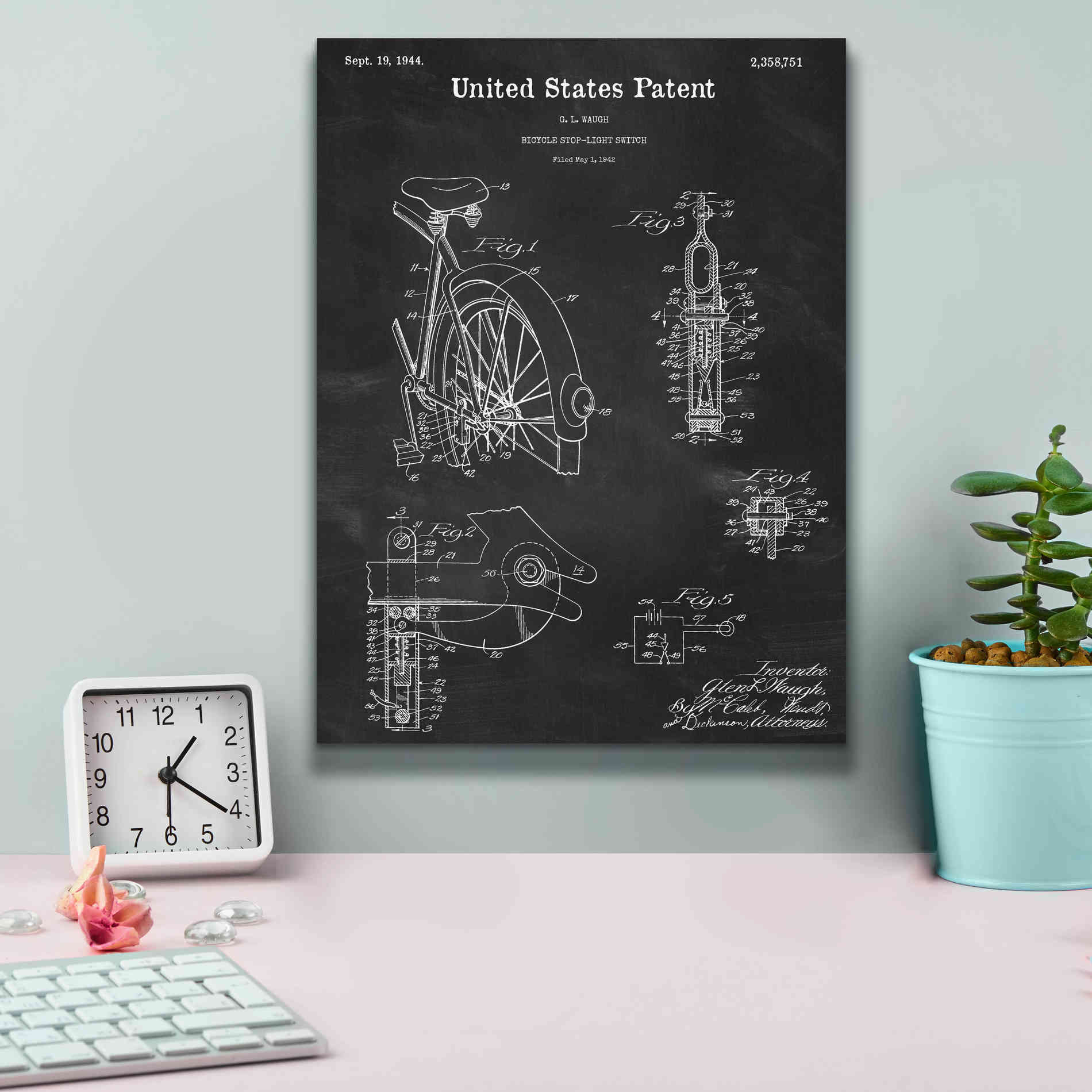 'Bicycle Stop-light Switch Blueprint Patent Chalkboard,' Canvas Wall Art,12 x 16