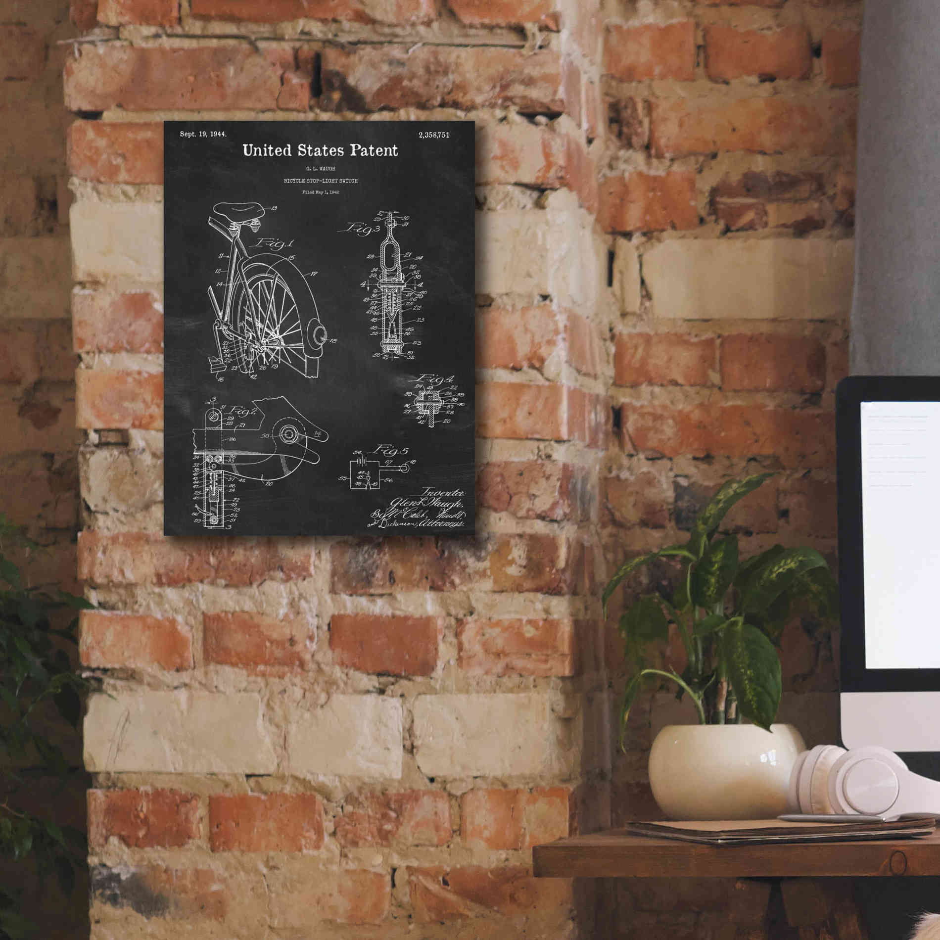 'Bicycle Stop-light Switch Blueprint Patent Chalkboard,' Canvas Wall Art,12 x 16