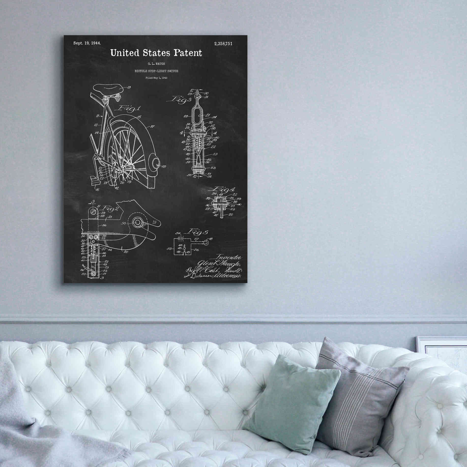 'Bicycle Stop-light Switch Blueprint Patent Chalkboard,' Canvas Wall Art,40 x 54