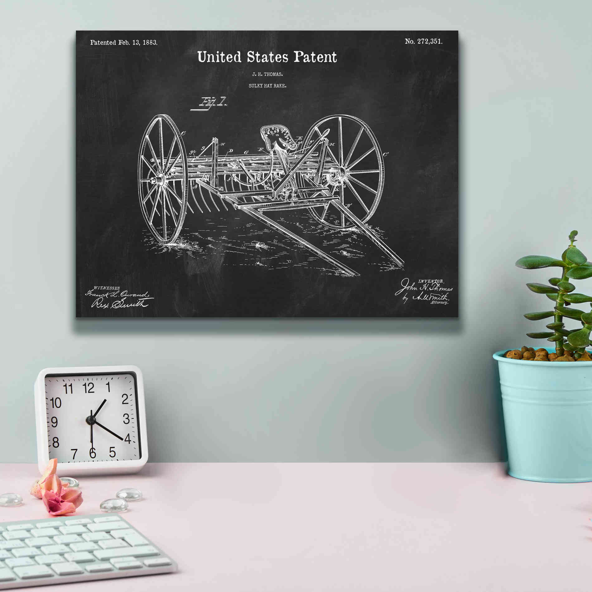 'Horse Drawn Hay Rake Blueprint Patent Chalkboard,' Canvas Wall Art,16 x 12