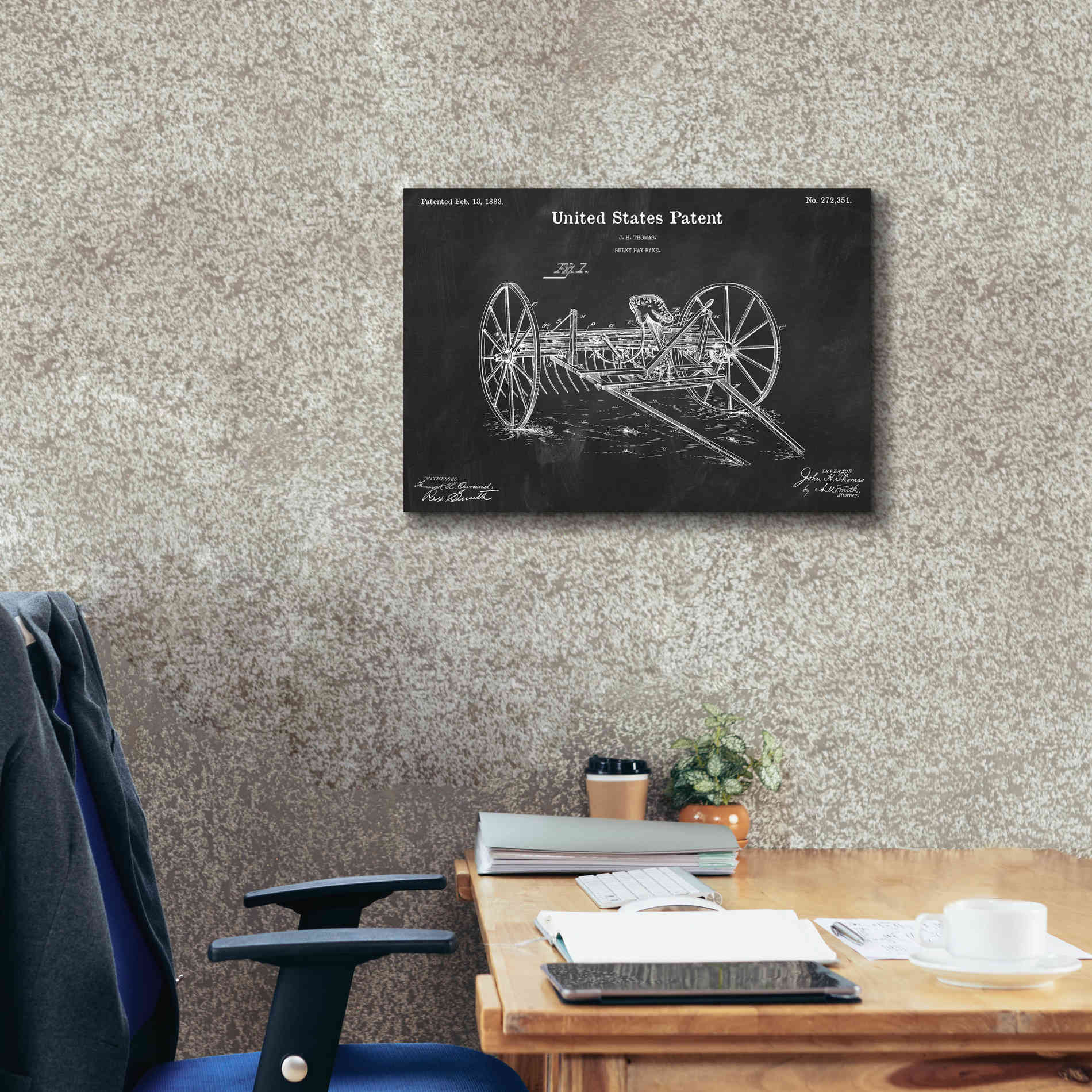 'Horse Drawn Hay Rake Blueprint Patent Chalkboard,' Canvas Wall Art,26 x 18