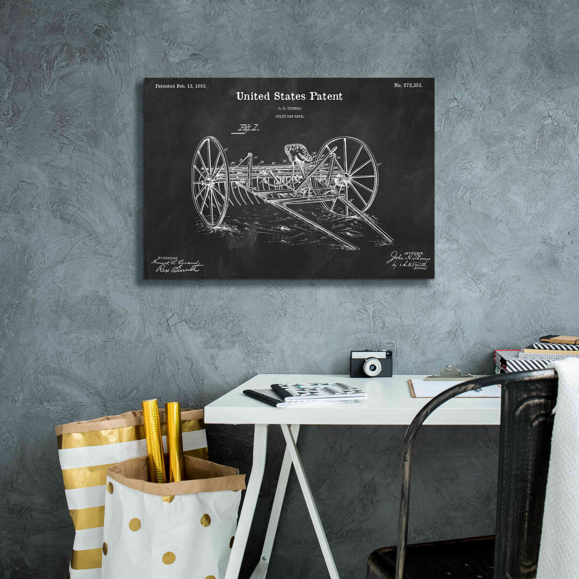 'Horse Drawn Hay Rake Blueprint Patent Chalkboard,' Canvas Wall Art,26 x 18