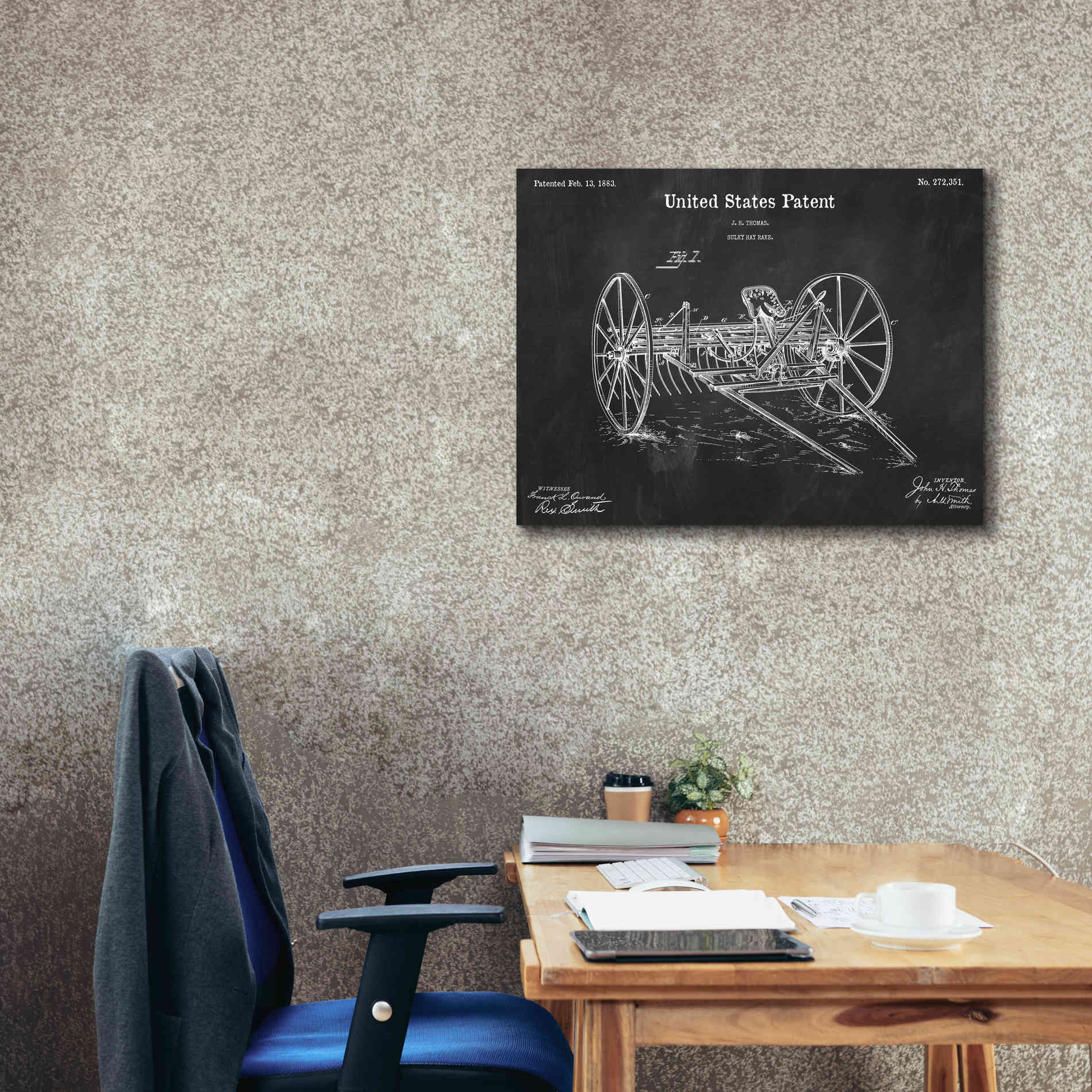 'Horse Drawn Hay Rake Blueprint Patent Chalkboard,' Canvas Wall Art,34 x 26