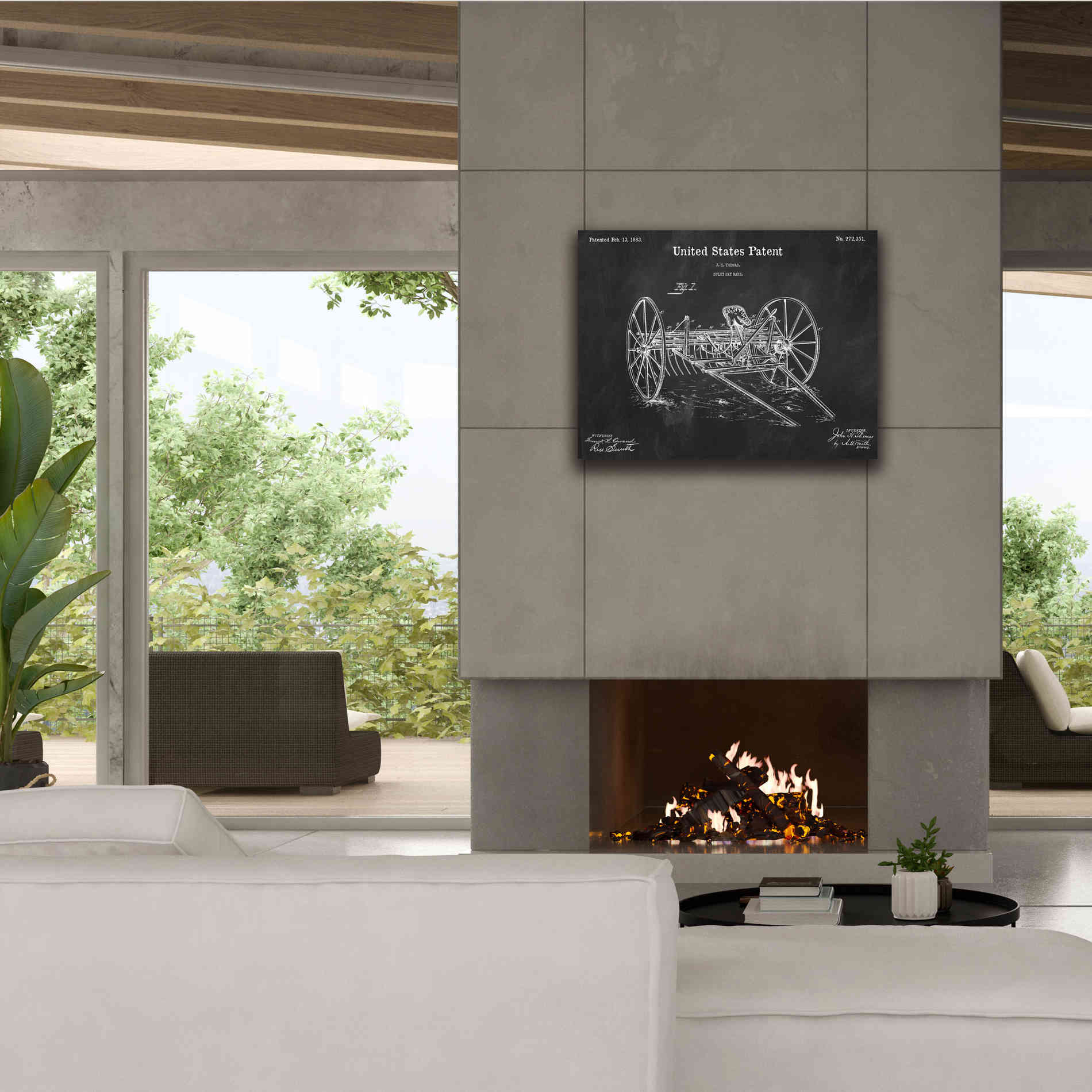 'Horse Drawn Hay Rake Blueprint Patent Chalkboard,' Canvas Wall Art,34 x 26