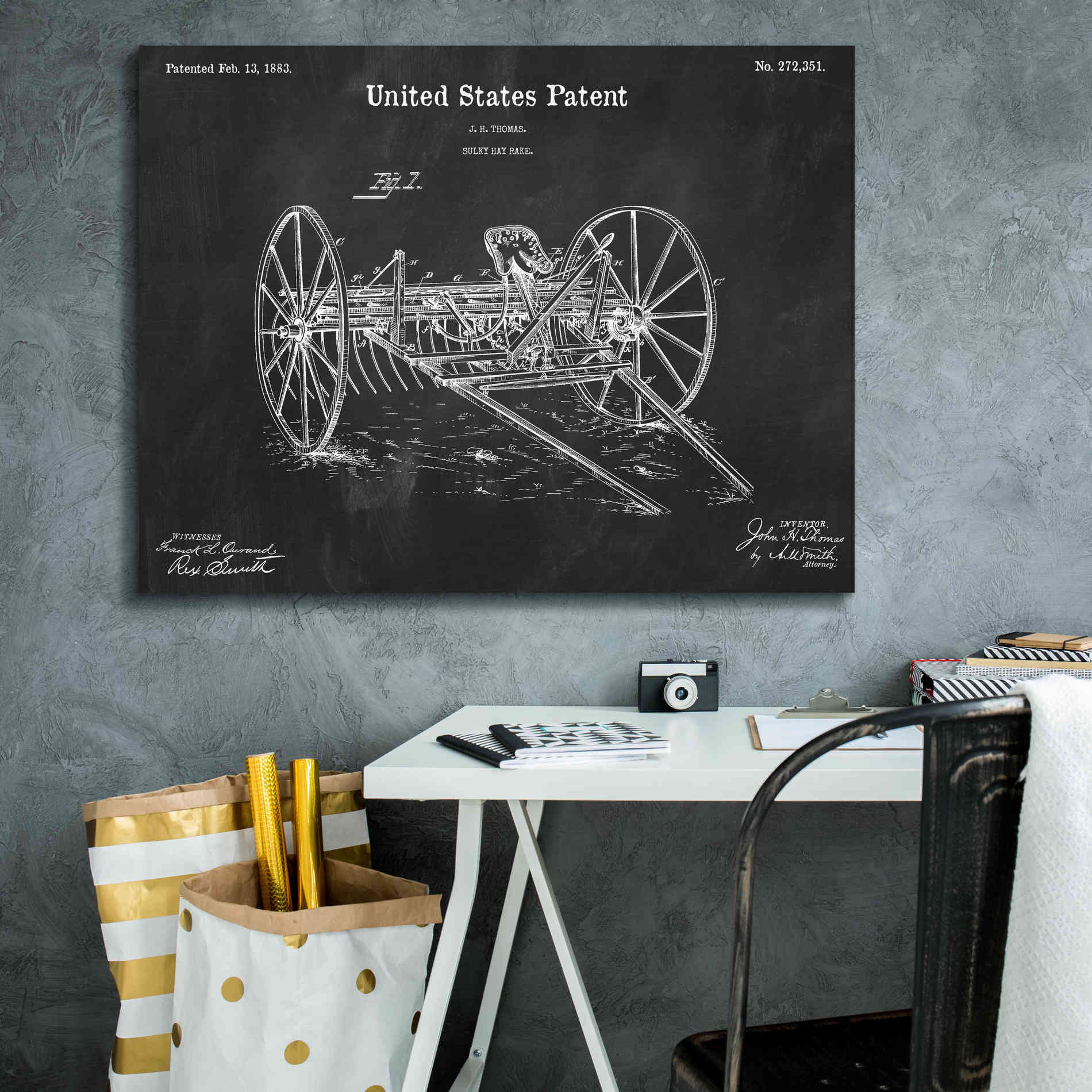 'Horse Drawn Hay Rake Blueprint Patent Chalkboard,' Canvas Wall Art,34 x 26