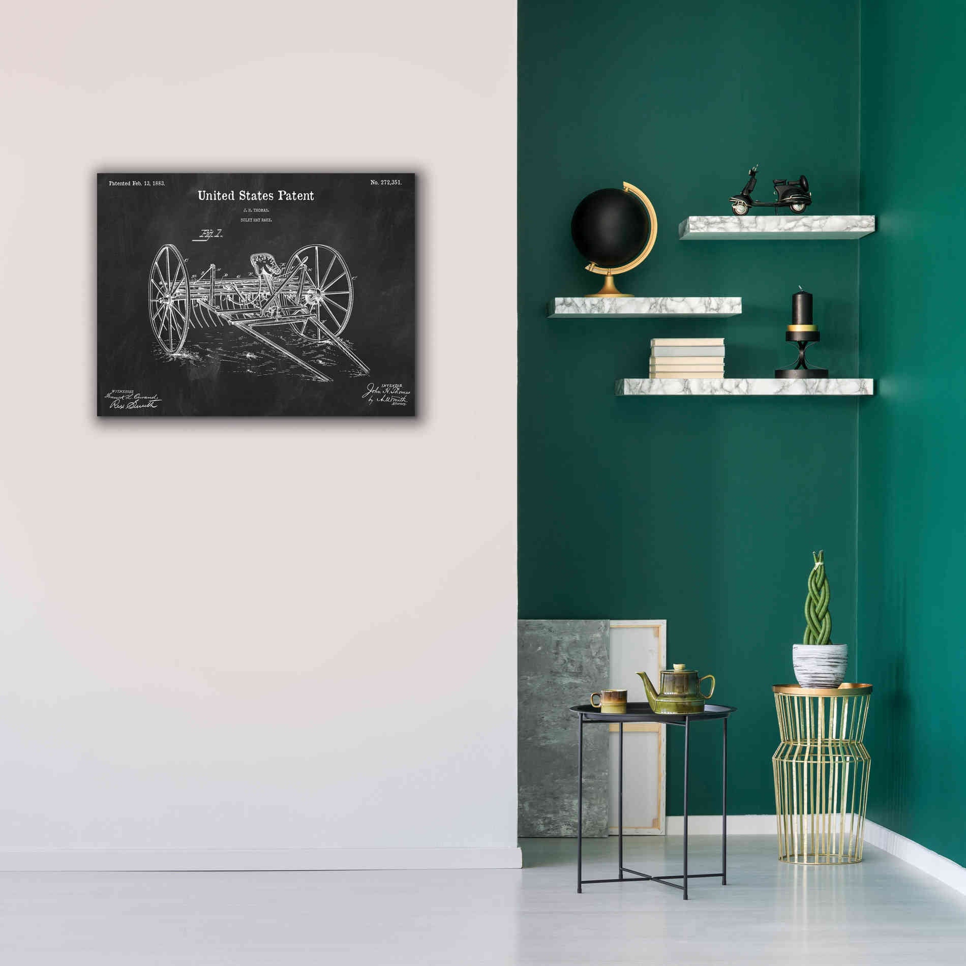 'Horse Drawn Hay Rake Blueprint Patent Chalkboard,' Canvas Wall Art,34 x 26