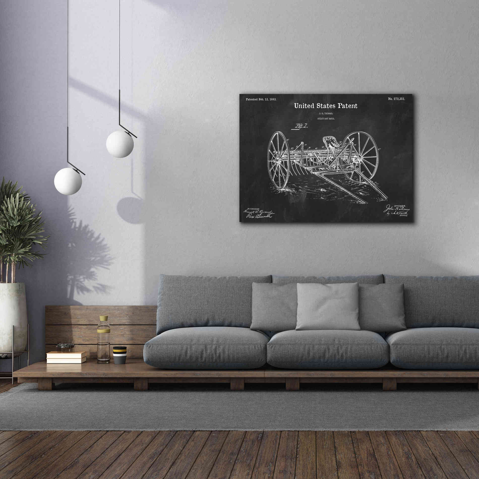 'Horse Drawn Hay Rake Blueprint Patent Chalkboard,' Canvas Wall Art,54 x 40