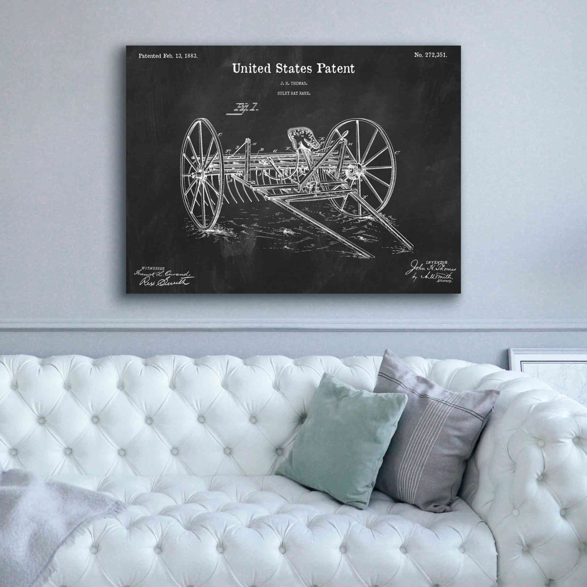 'Horse Drawn Hay Rake Blueprint Patent Chalkboard,' Canvas Wall Art,54 x 40
