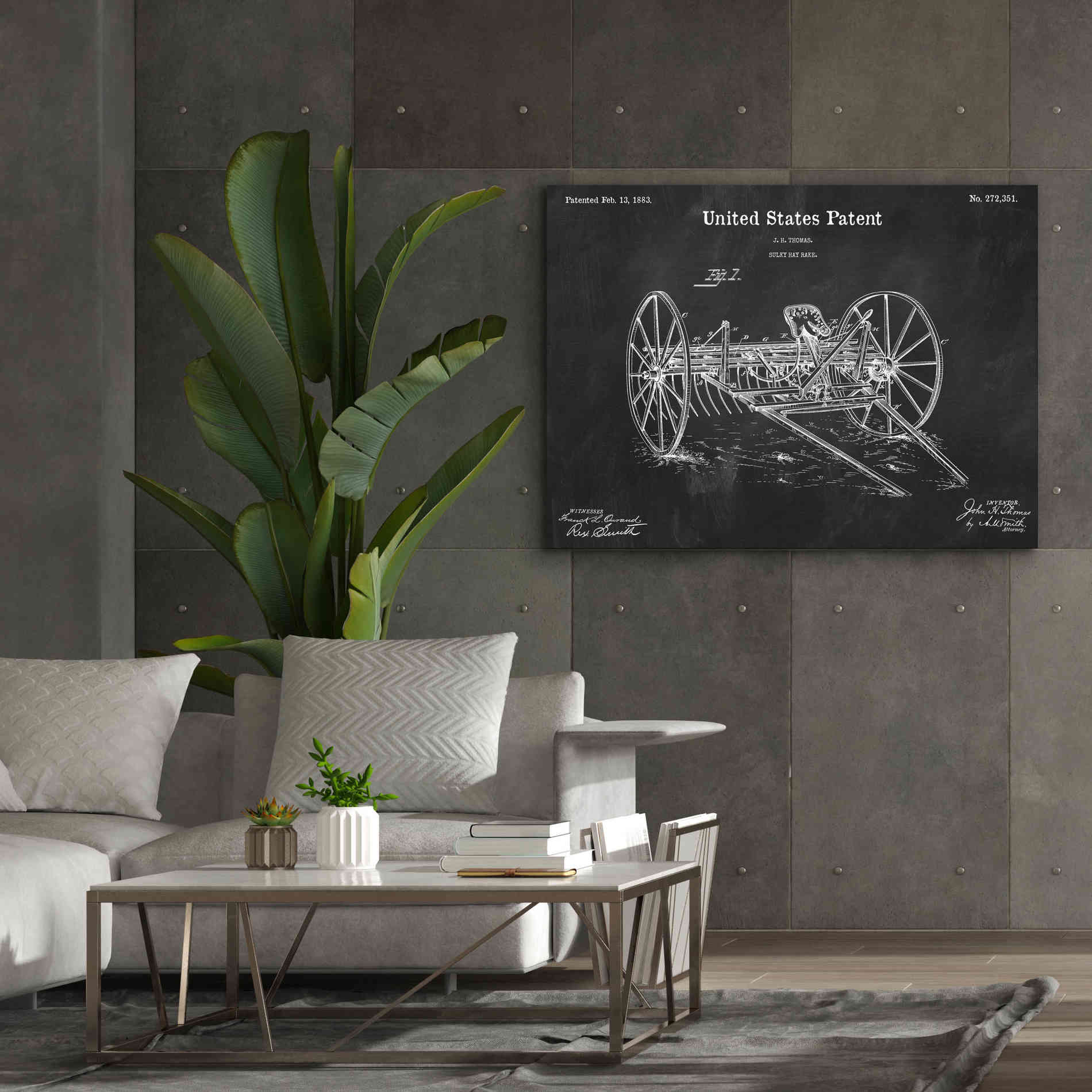 'Horse Drawn Hay Rake Blueprint Patent Chalkboard,' Canvas Wall Art,54 x 40