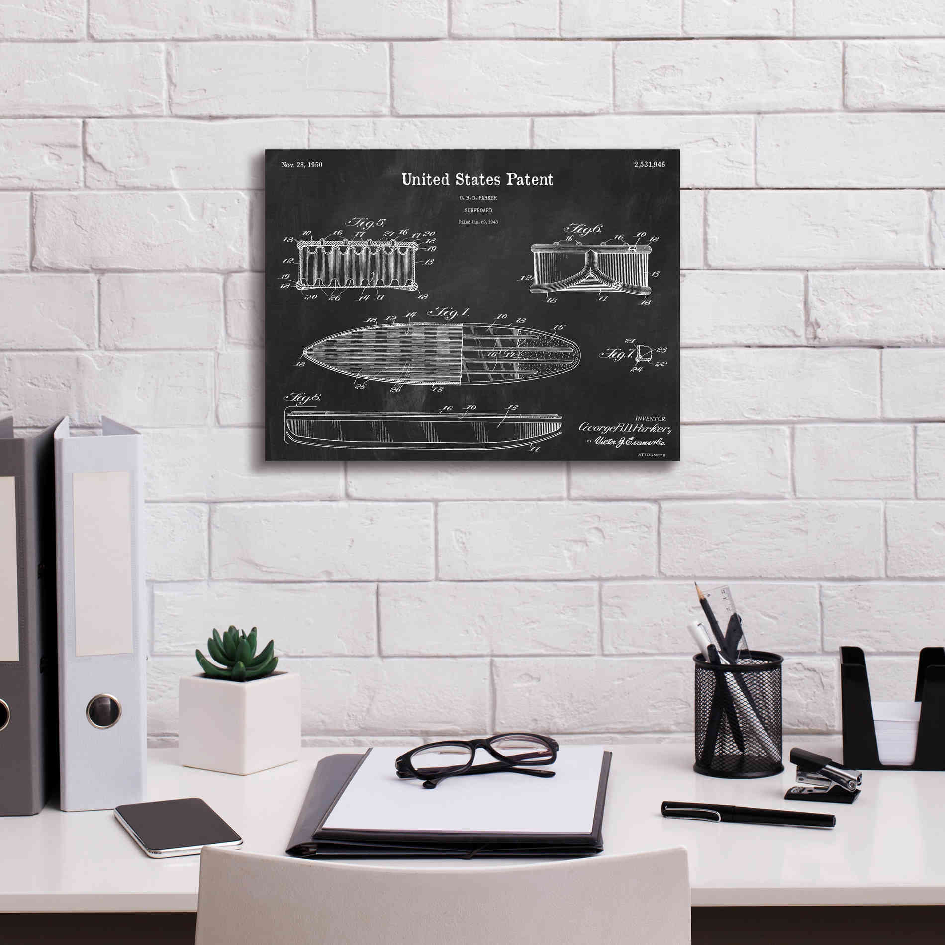 'Surfboard Blueprint Patent Chalkboard,' Canvas Wall Art,16 x 12