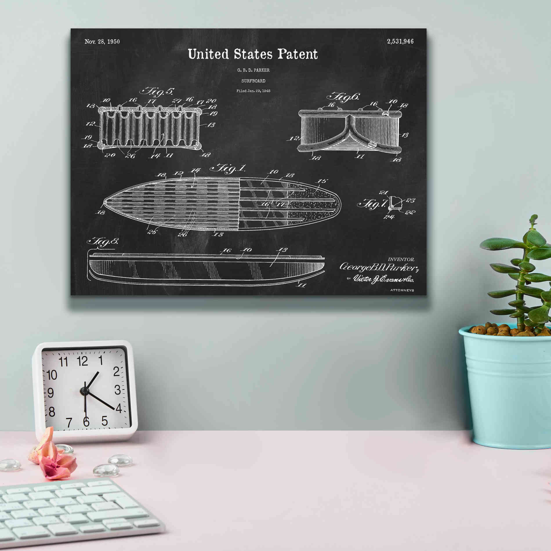 'Surfboard Blueprint Patent Chalkboard,' Canvas Wall Art,16 x 12