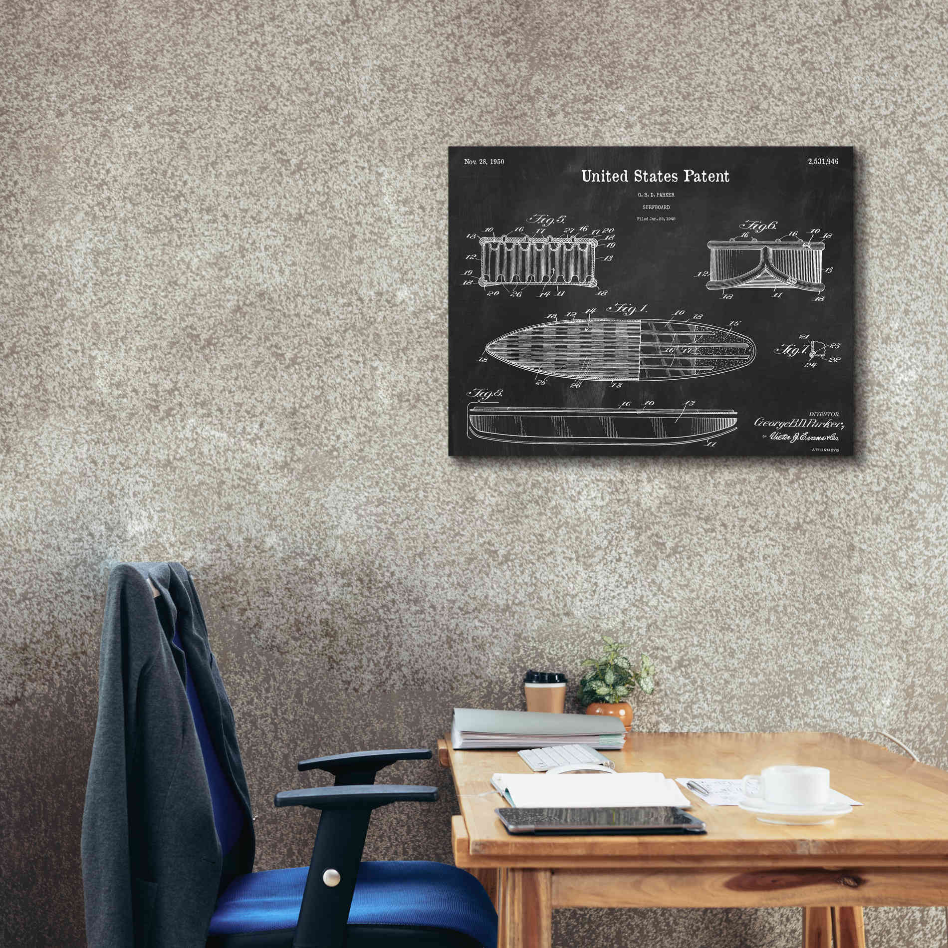 'Surfboard Blueprint Patent Chalkboard,' Canvas Wall Art,34 x 26