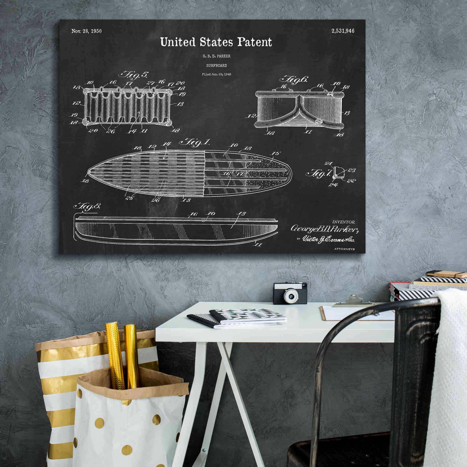 'Surfboard Blueprint Patent Chalkboard,' Canvas Wall Art,34 x 26