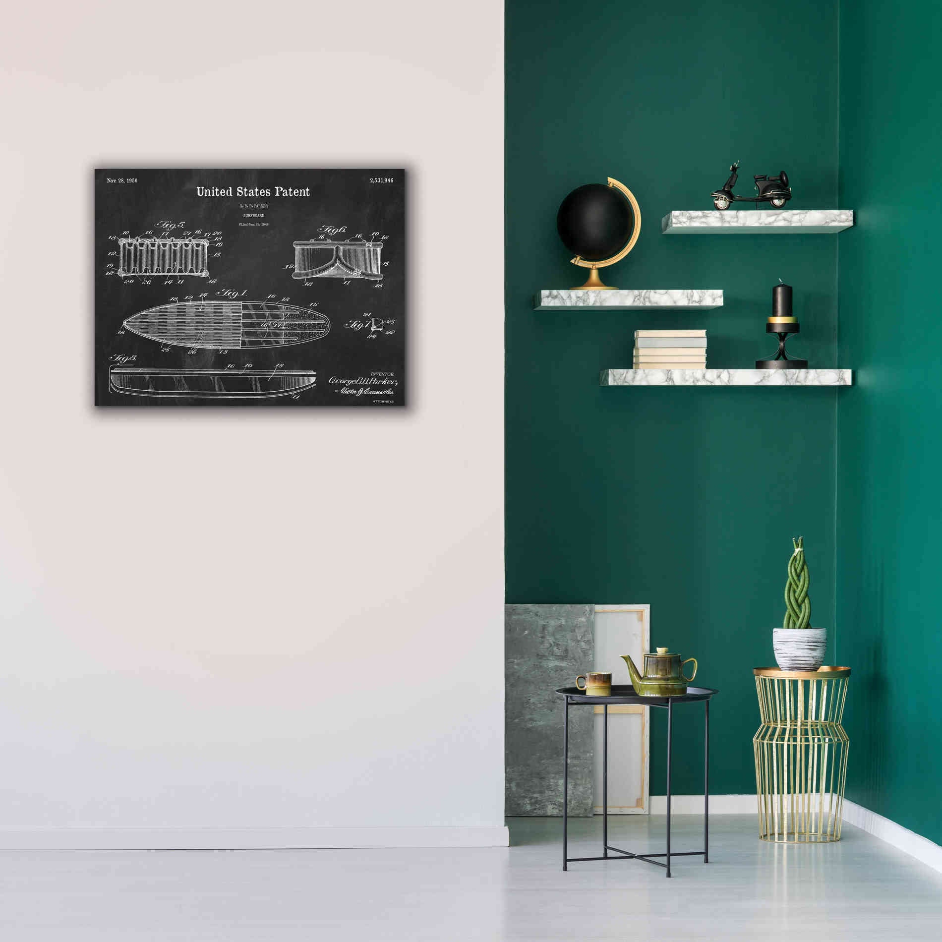 'Surfboard Blueprint Patent Chalkboard,' Canvas Wall Art,34 x 26