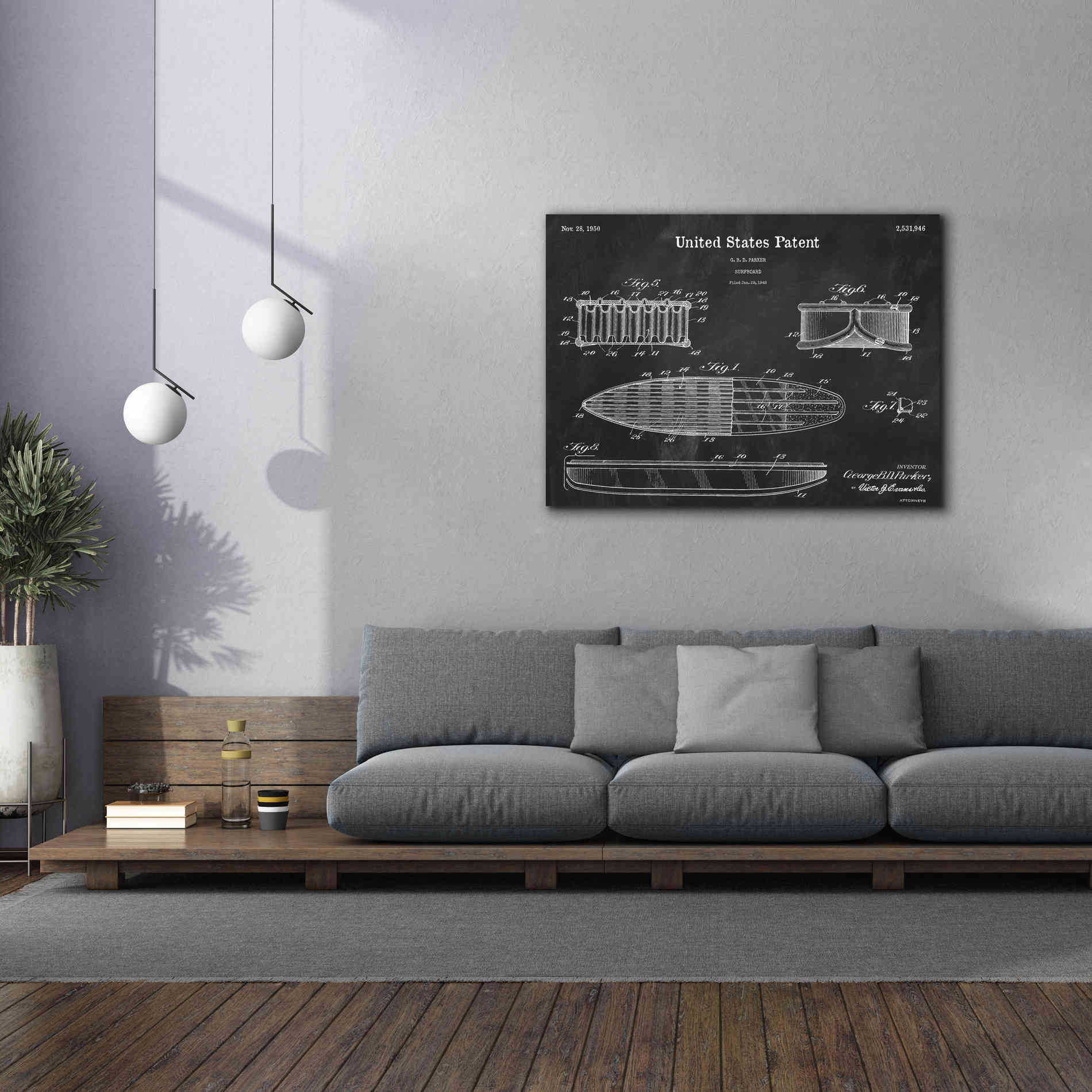 'Surfboard Blueprint Patent Chalkboard,' Canvas Wall Art,54 x 40