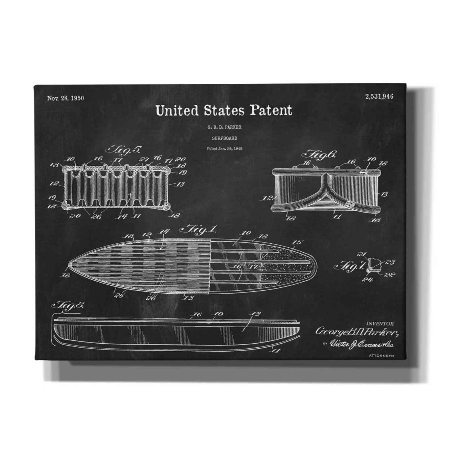 'Surfboard Blueprint Patent Chalkboard,' Canvas Wall Art,16x12x1.1x0,26x18x1.1x0,34x26x1.74x0,54x40x1.74x0