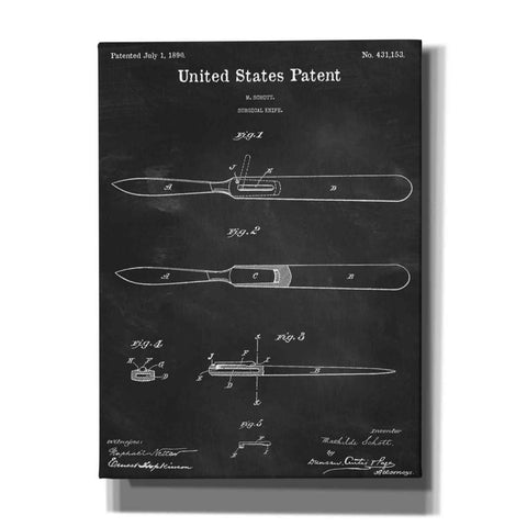Image of 'Surgical Knife Blueprint Patent Chalkboard,' Canvas Wall Art,12x16x1.1x0,18x26x1.1x0,26x34x1.74x0,40x54x1.74x0