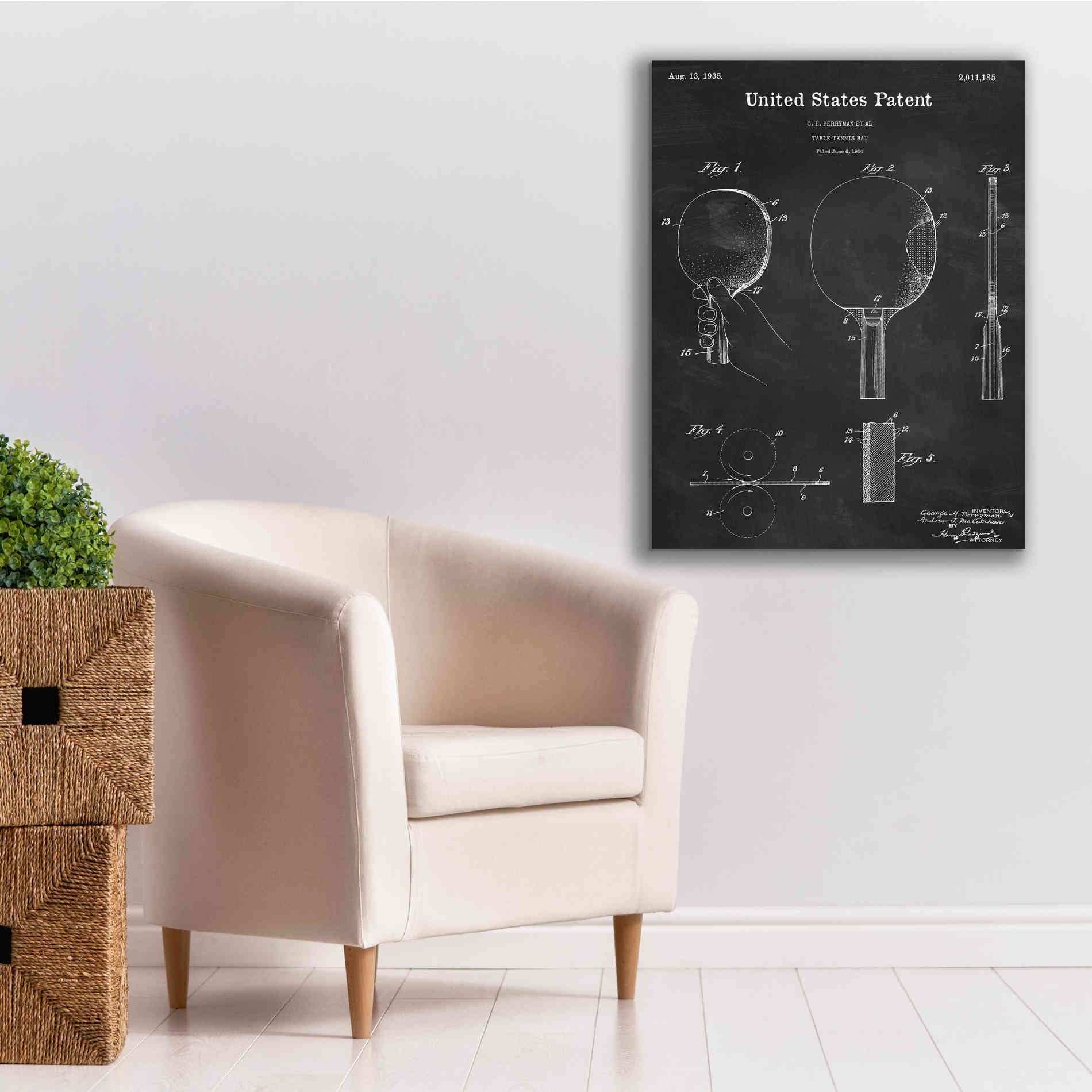 'Table Tennis Paddle Blueprint Patent Chalkboard,' Canvas Wall Art,26 x 34