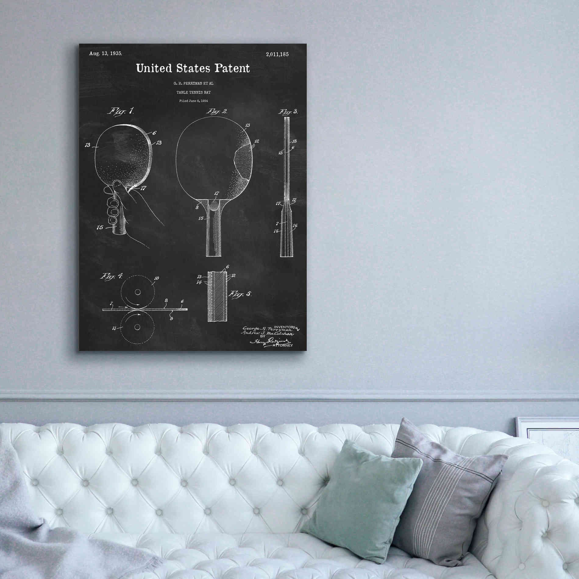 'Table Tennis Paddle Blueprint Patent Chalkboard,' Canvas Wall Art,40 x 54