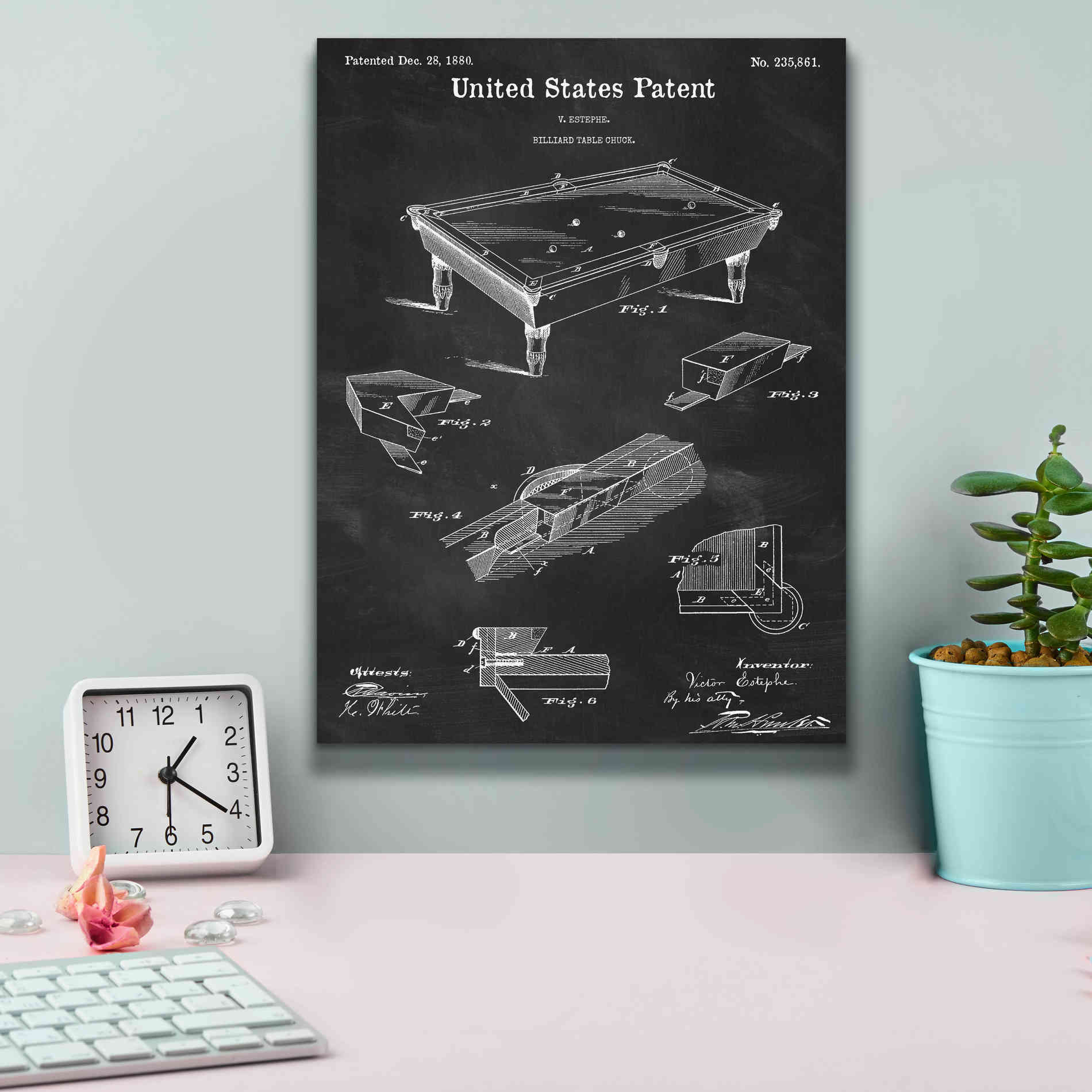 'Pool Table Blueprint Patent Chalkboard,' Canvas Wall Art,12 x 16