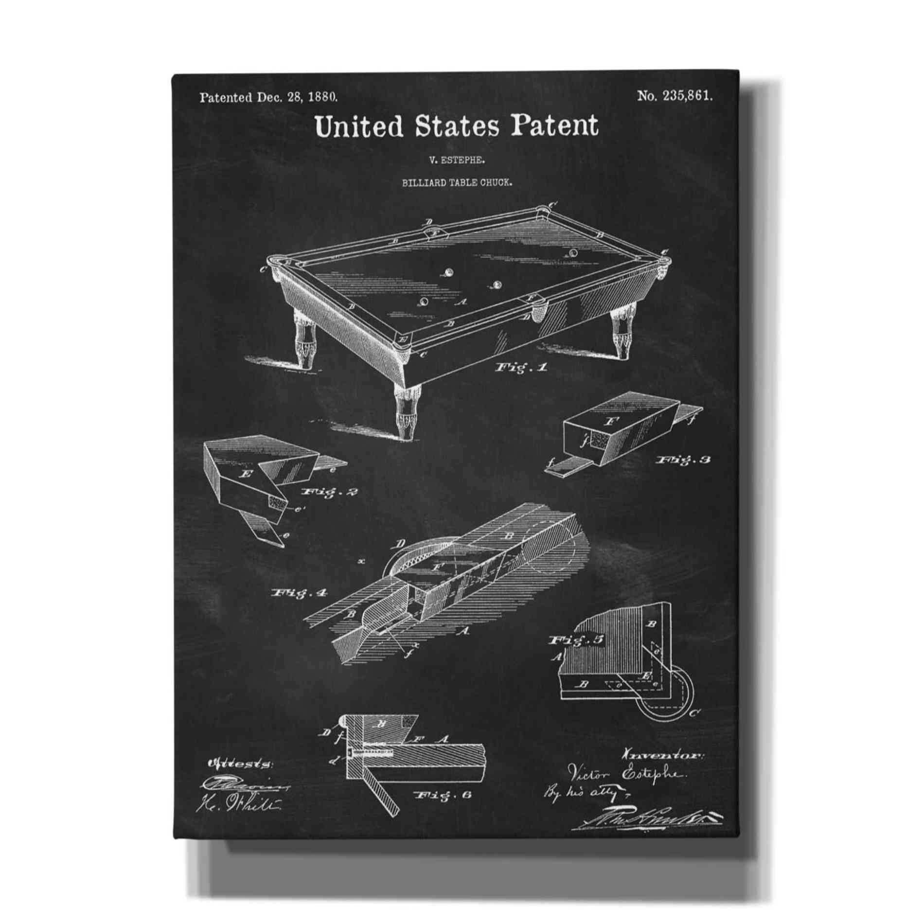 'Pool Table Blueprint Patent Chalkboard,' Canvas Wall Art,12x16x1.1x0,18x26x1.1x0,26x34x1.74x0,40x54x1.74x0