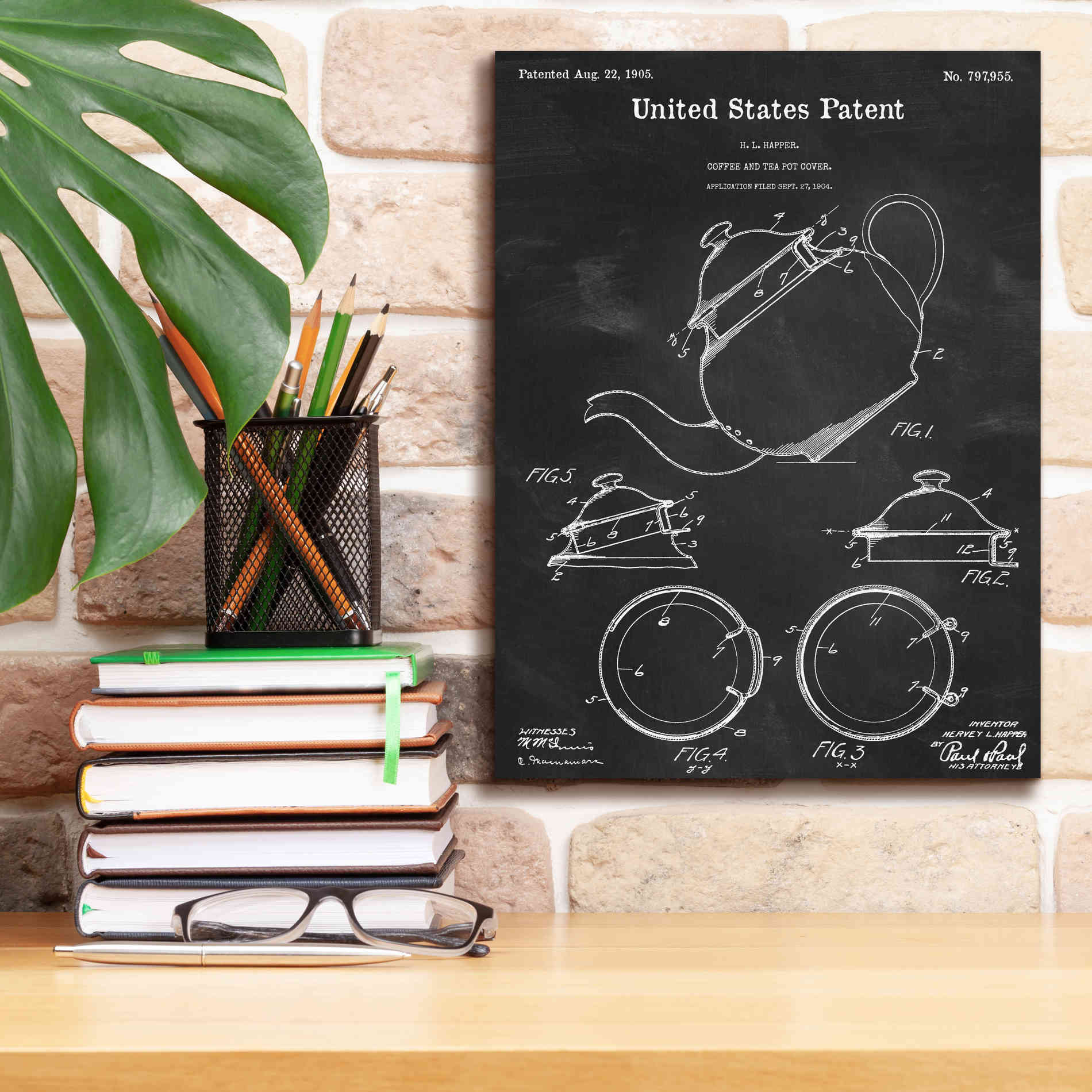 'Tea Pot Cover Blueprint Patent Chalkboard,' Canvas Wall Art,12 x 16