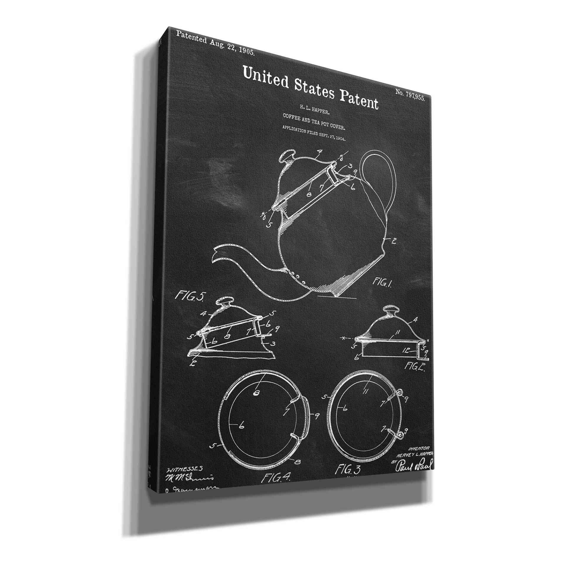 'Tea Pot Cover Blueprint Patent Chalkboard,' Canvas Wall Art,12x16x1.1x0,18x26x1.1x0,26x34x1.74x0,40x54x1.74x0