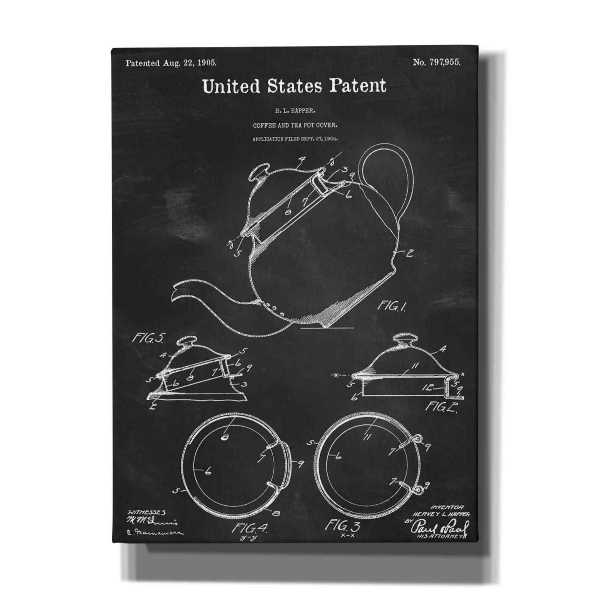 'Tea Pot Cover Blueprint Patent Chalkboard,' Canvas Wall Art,12x16x1.1x0,18x26x1.1x0,26x34x1.74x0,40x54x1.74x0