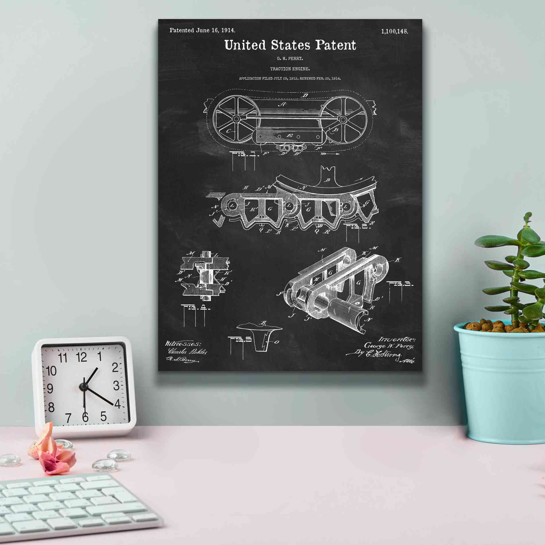 'Traction Engine Blueprint Patent Chalkboard,' Canvas Wall Art,12 x 16