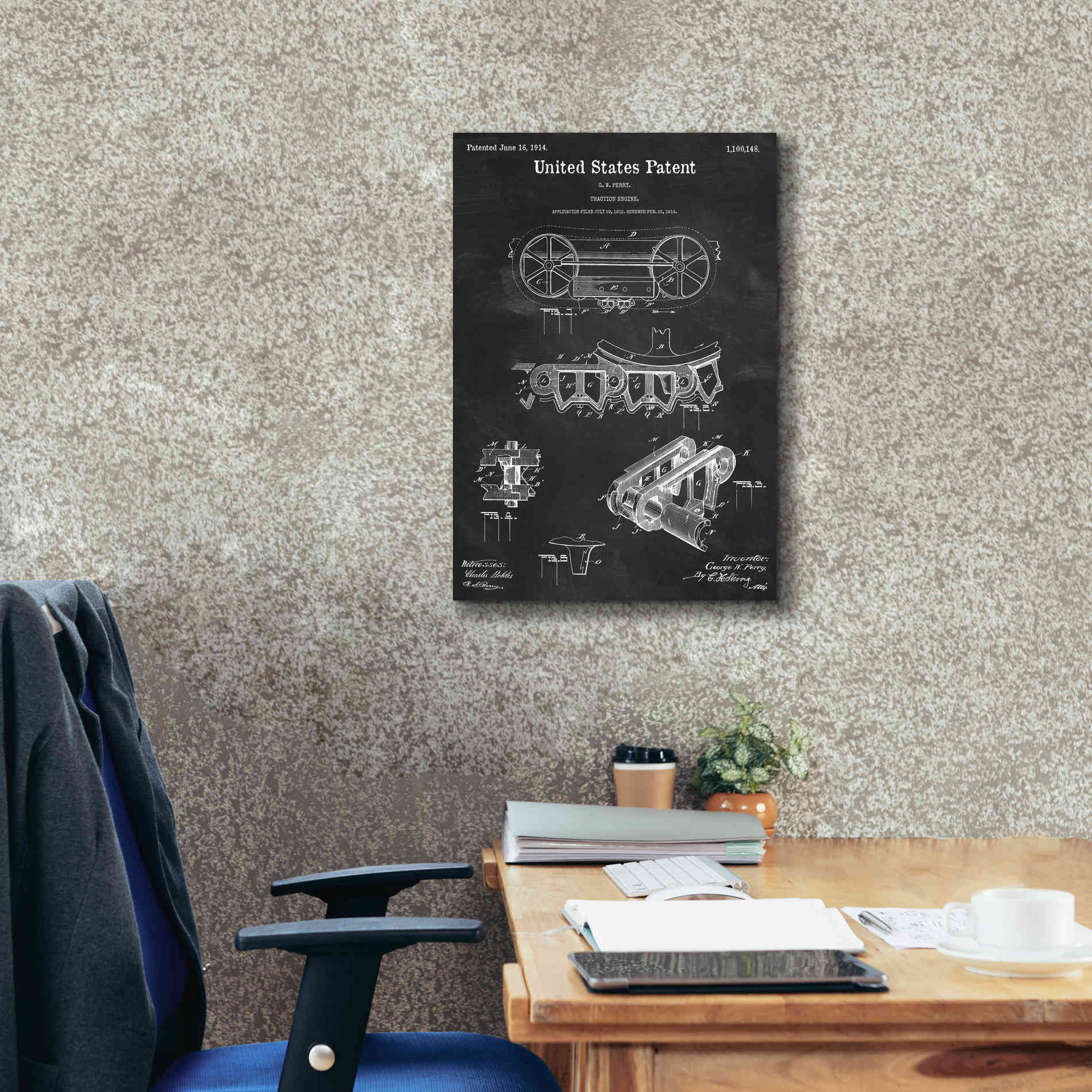 'Traction Engine Blueprint Patent Chalkboard,' Canvas Wall Art,18 x 26