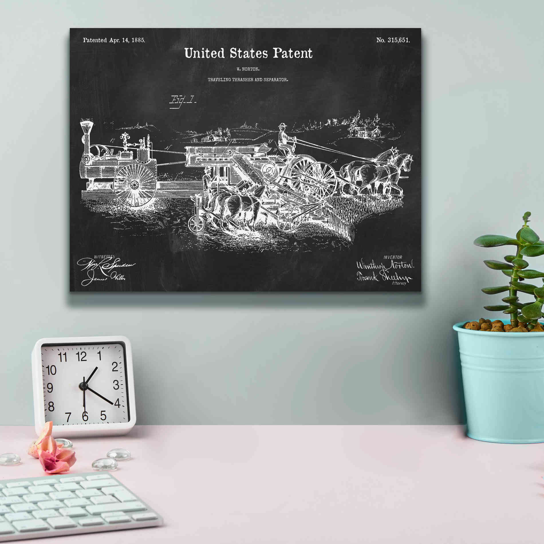 'Traveling Thrasher Blueprint Patent Chalkboard,' Canvas Wall Art,16 x 12