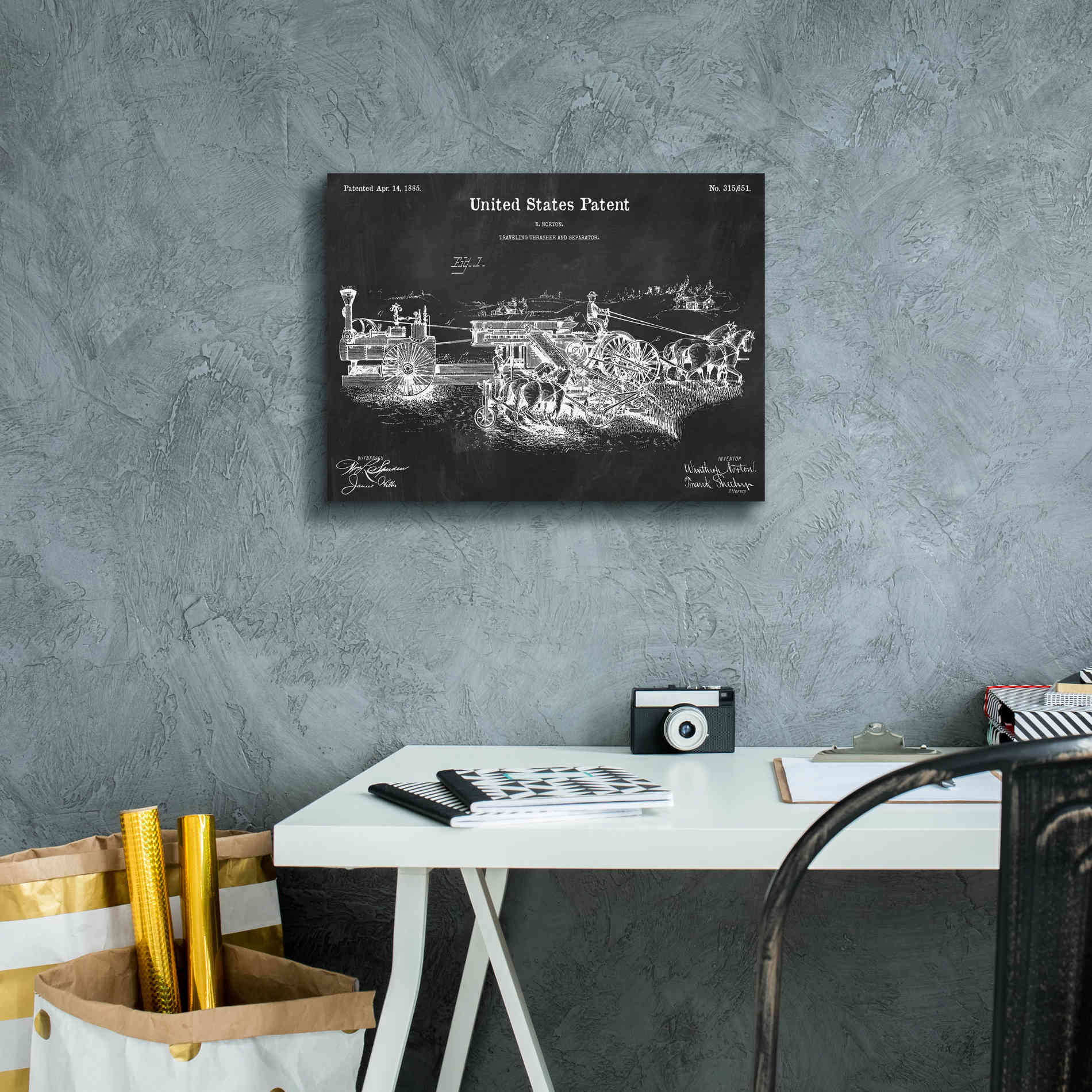 'Traveling Thrasher Blueprint Patent Chalkboard,' Canvas Wall Art,16 x 12