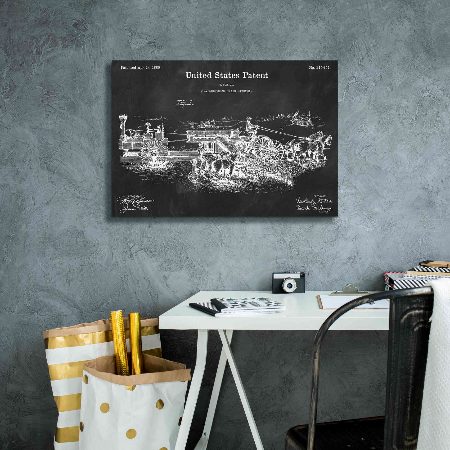 'Traveling Thrasher Blueprint Patent Chalkboard,' Canvas Wall Art,26 x 18