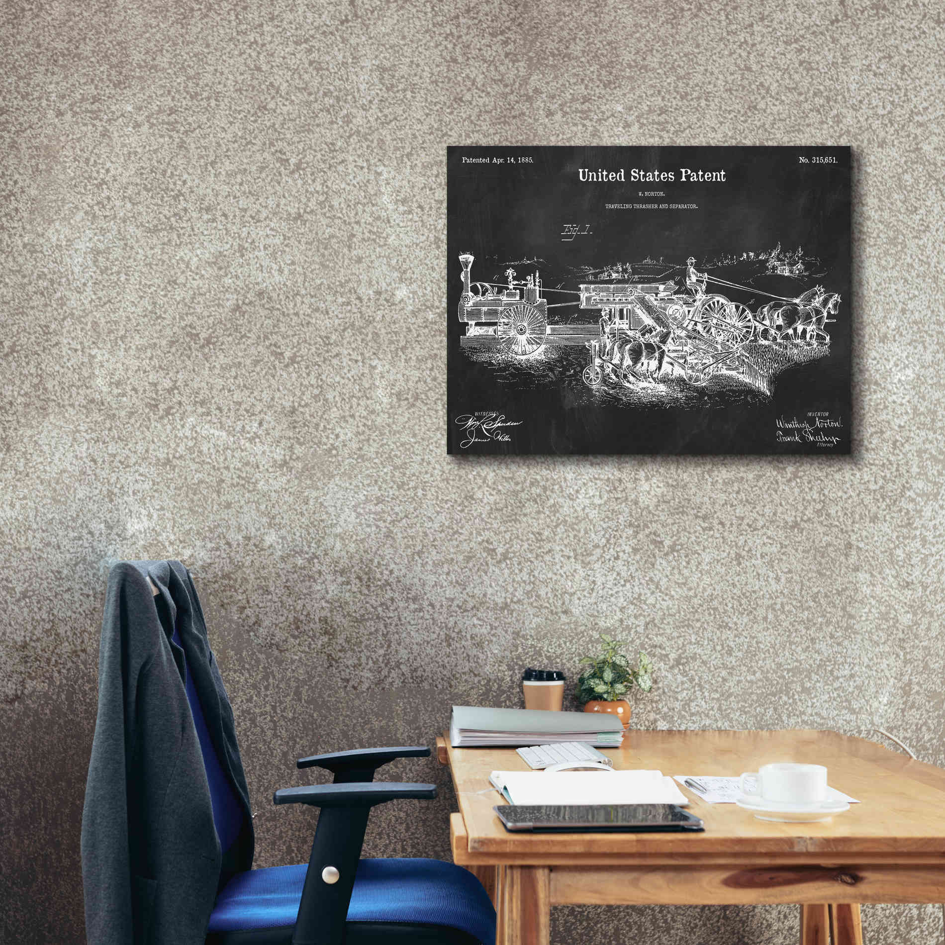 'Traveling Thrasher Blueprint Patent Chalkboard,' Canvas Wall Art,34 x 26