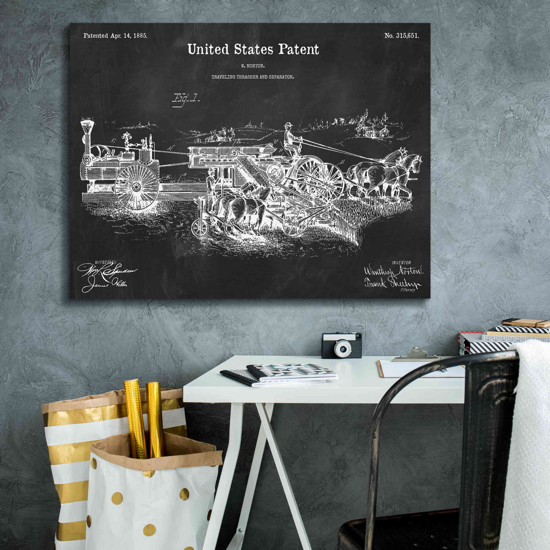 'Traveling Thrasher Blueprint Patent Chalkboard,' Canvas Wall Art,34 x 26