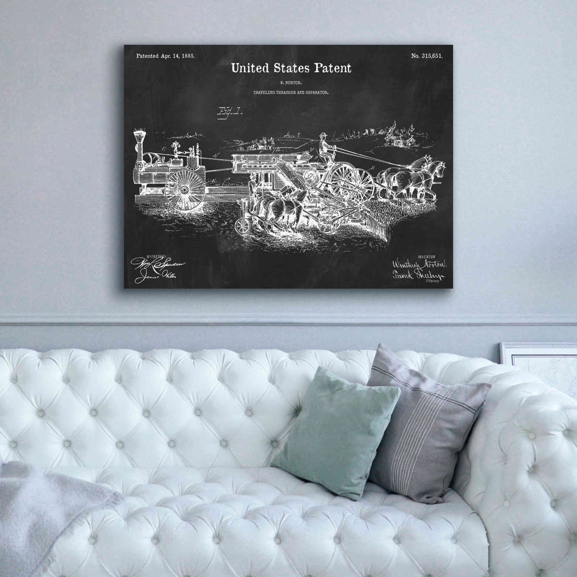 'Traveling Thrasher Blueprint Patent Chalkboard,' Canvas Wall Art,54 x 40