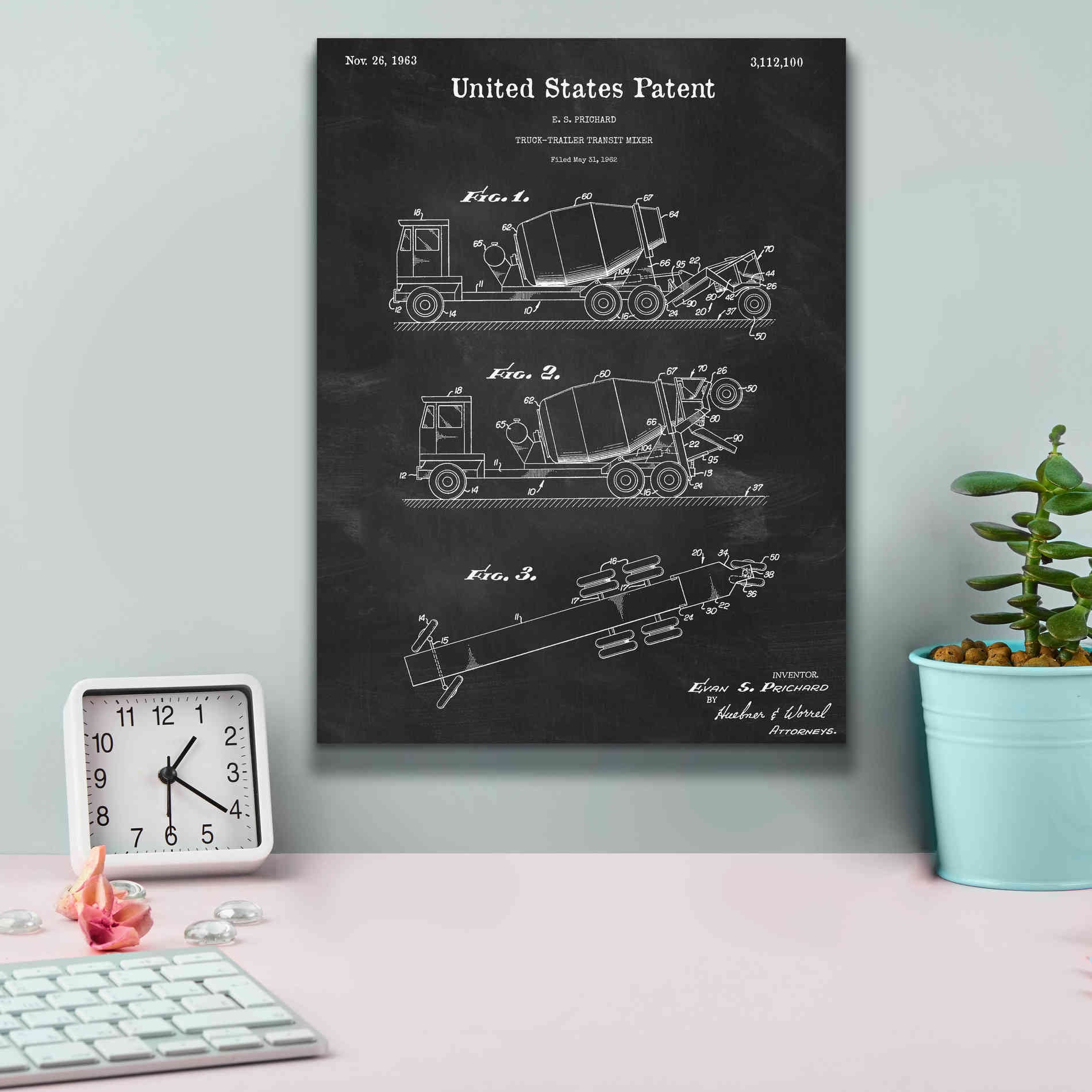 'Truck Trailer Transit Mixer Blueprint Patent Chalkboard,' Canvas Wall Art,12 x 16