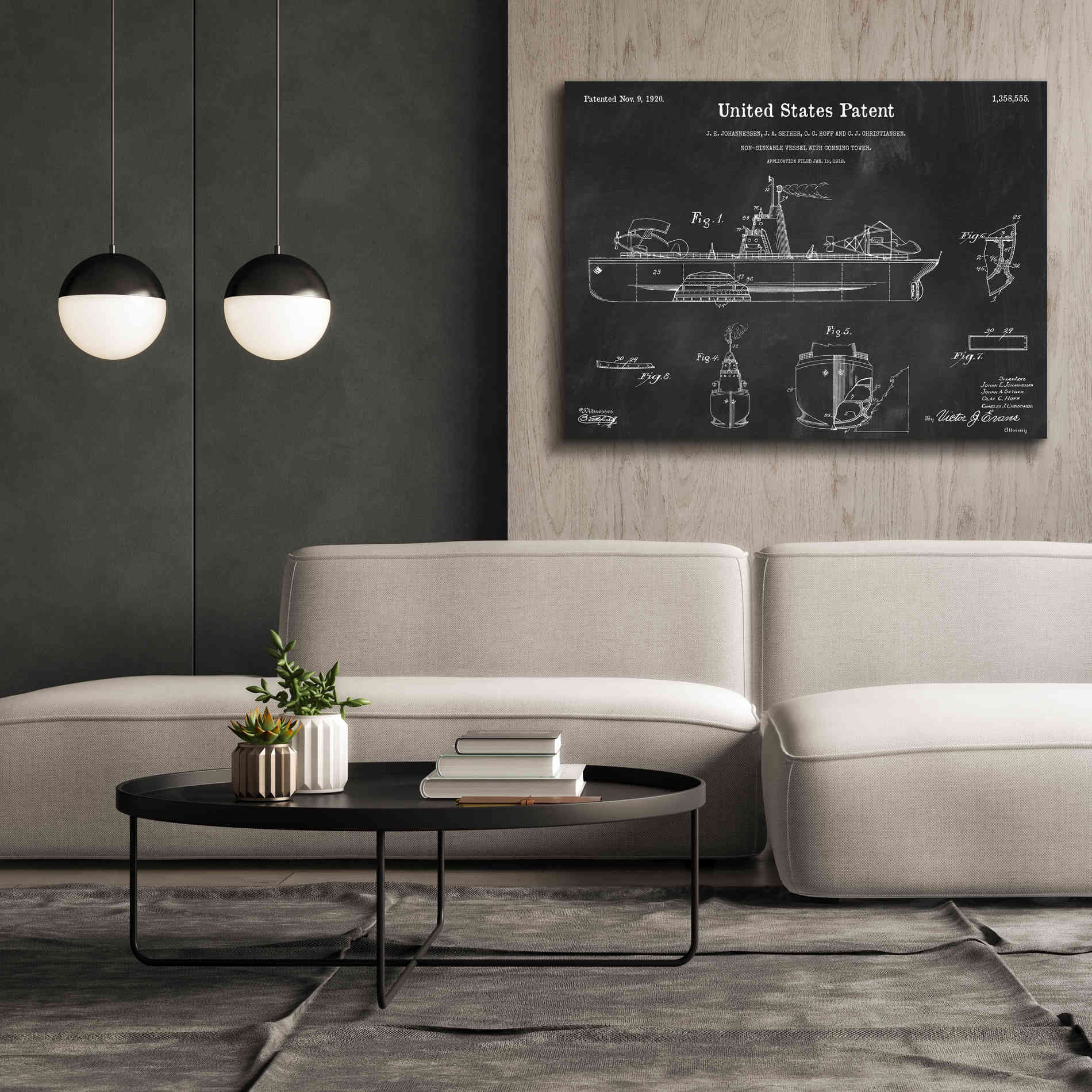 'Non-Sinkable Vessel Blueprint Patent Chalkboard,' Canvas Wall Art,54 x 40