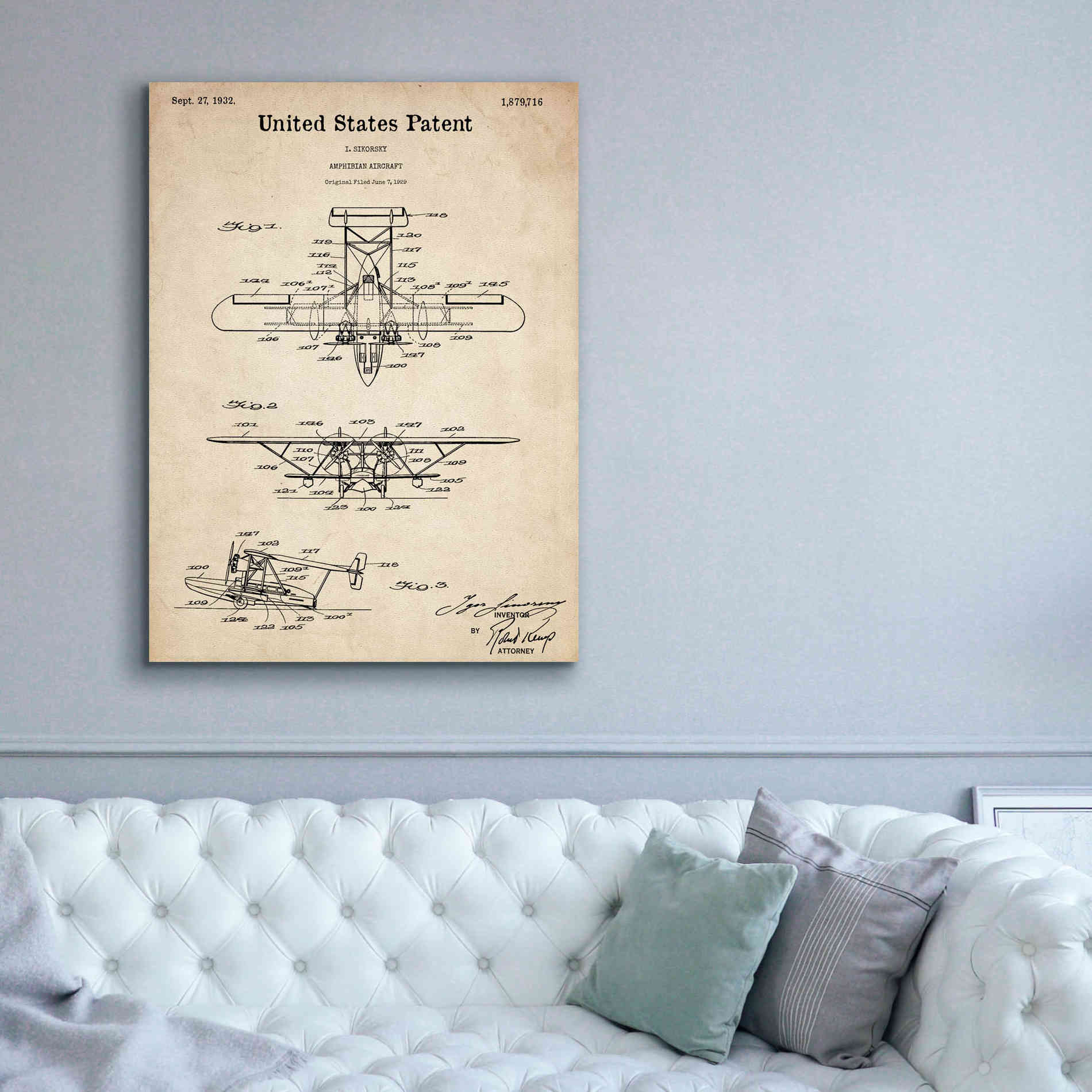 'Amphibian Aircraft Blueprint Patent Parchment,' Canvas Wall Art,40 x 54