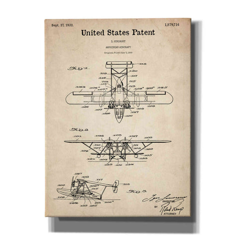 Image of 'Amphibian Aircraft Blueprint Patent Parchment,' Canvas Wall Art,12x16x1.1x0,18x26x1.1x0,26x34x1.74x0,40x54x1.74x0