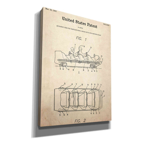 Image of 'Water Coaster Ride Blueprint Patent Parchment,' Canvas Wall Art,12x16x1.1x0,18x26x1.1x0,26x34x1.74x0,40x54x1.74x0