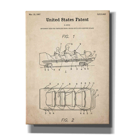 Image of 'Water Coaster Ride Blueprint Patent Parchment,' Canvas Wall Art,12x16x1.1x0,18x26x1.1x0,26x34x1.74x0,40x54x1.74x0