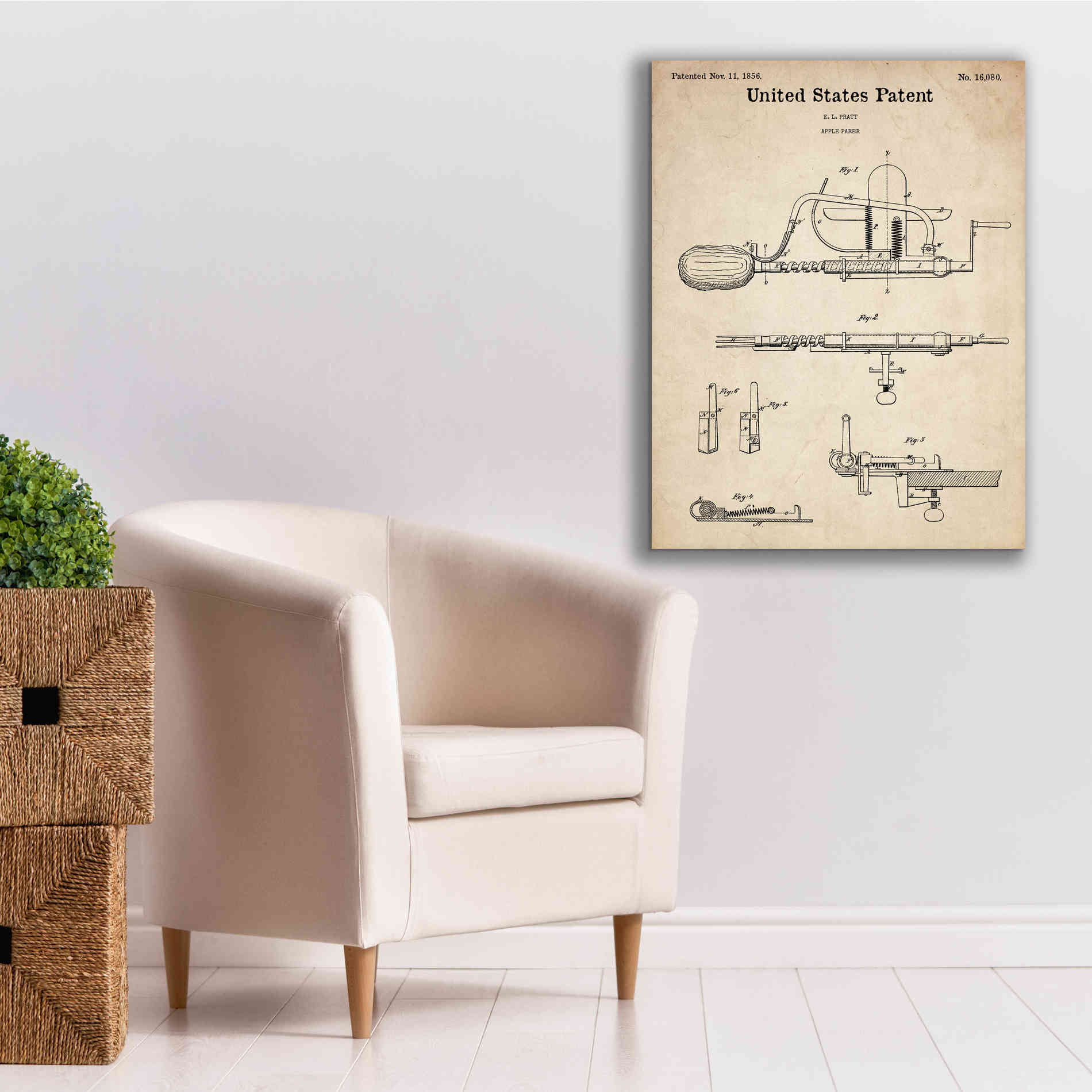 'Apple Parer Blueprint Patent Parchment,' Canvas Wall Art,26 x 34