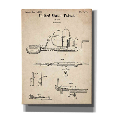 Image of 'Apple Parer Blueprint Patent Parchment,' Canvas Wall Art,12x16x1.1x0,18x26x1.1x0,26x34x1.74x0,40x54x1.74x0