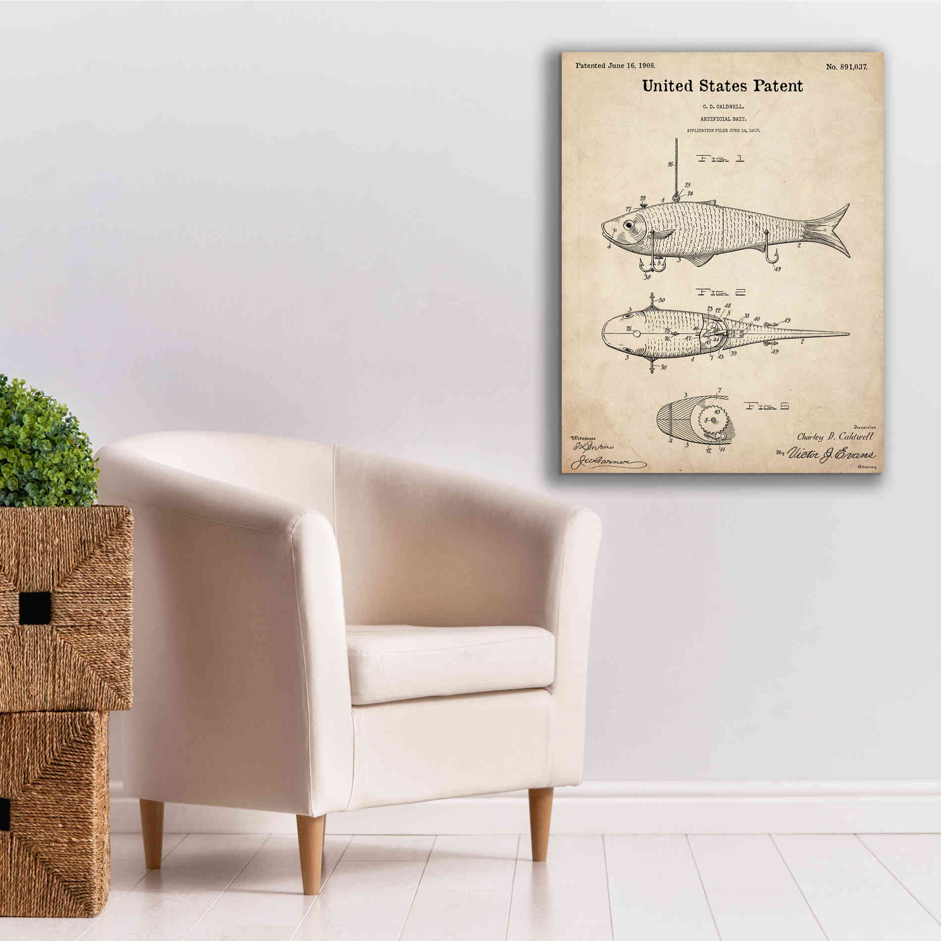 'Fish Bait Blueprint Patent Parchment,' Canvas Wall Art,26 x 34